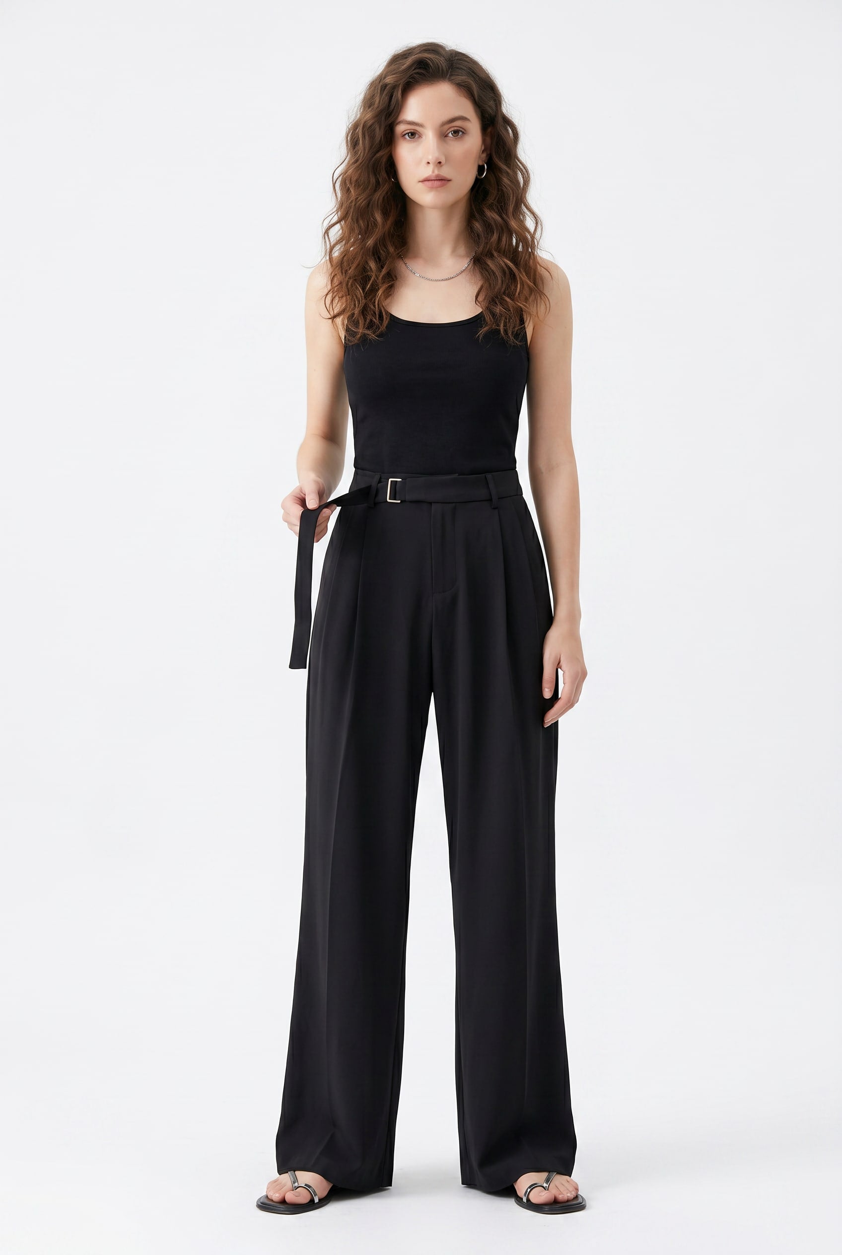 Black High-Waisted Pleated Belted Trousers