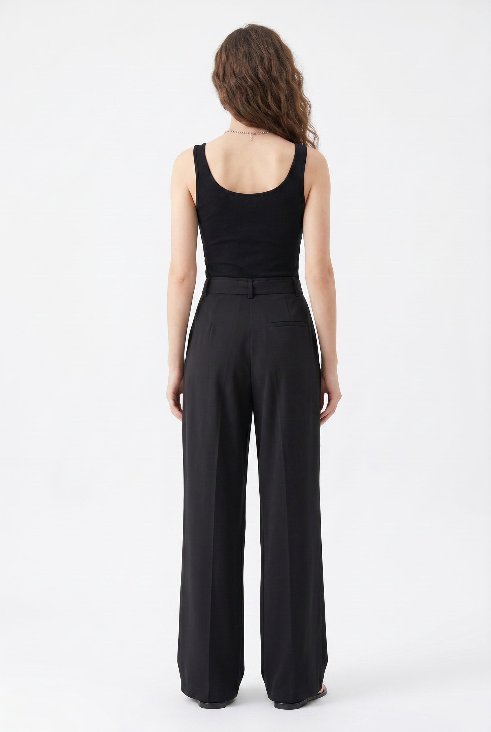Black High-Waisted Pleated Belted Trousers