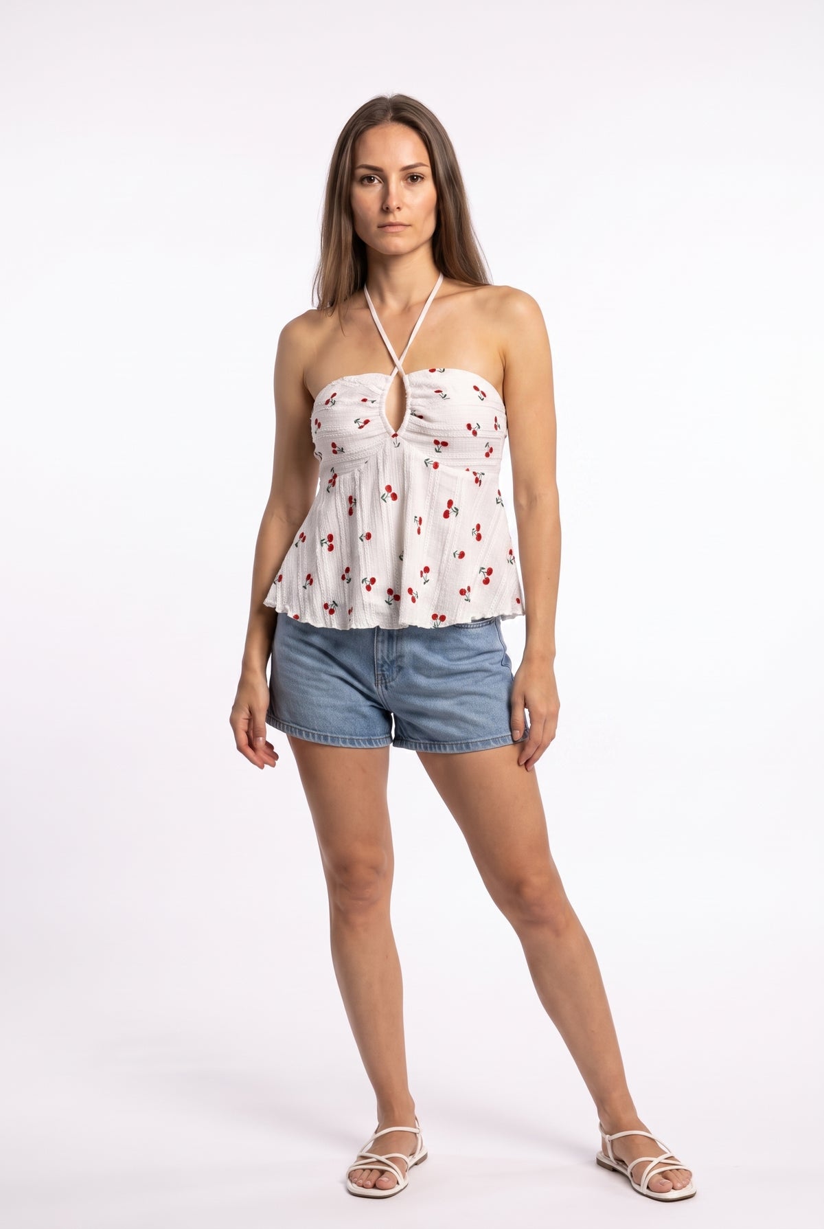 White Cherry Print Peplum Top