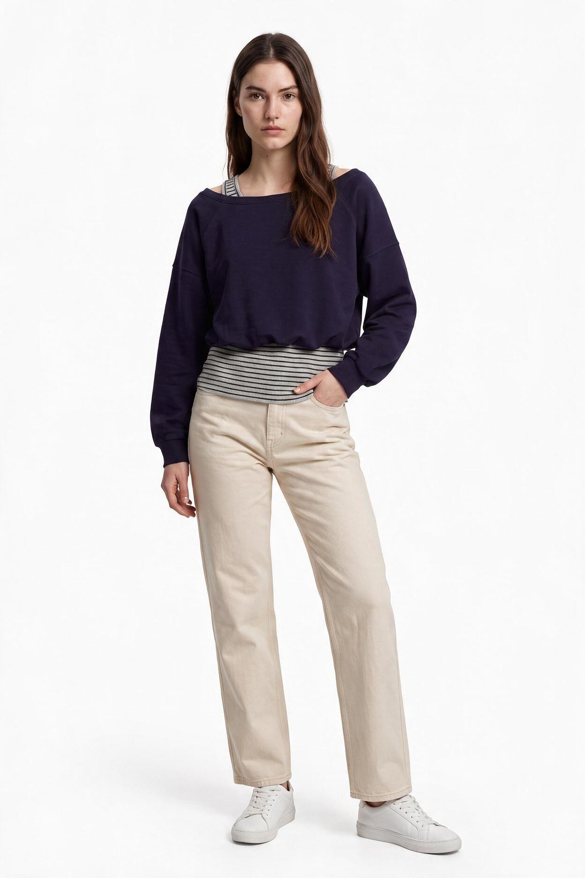 Navy Off-Shoulder Crop Sweatshirt