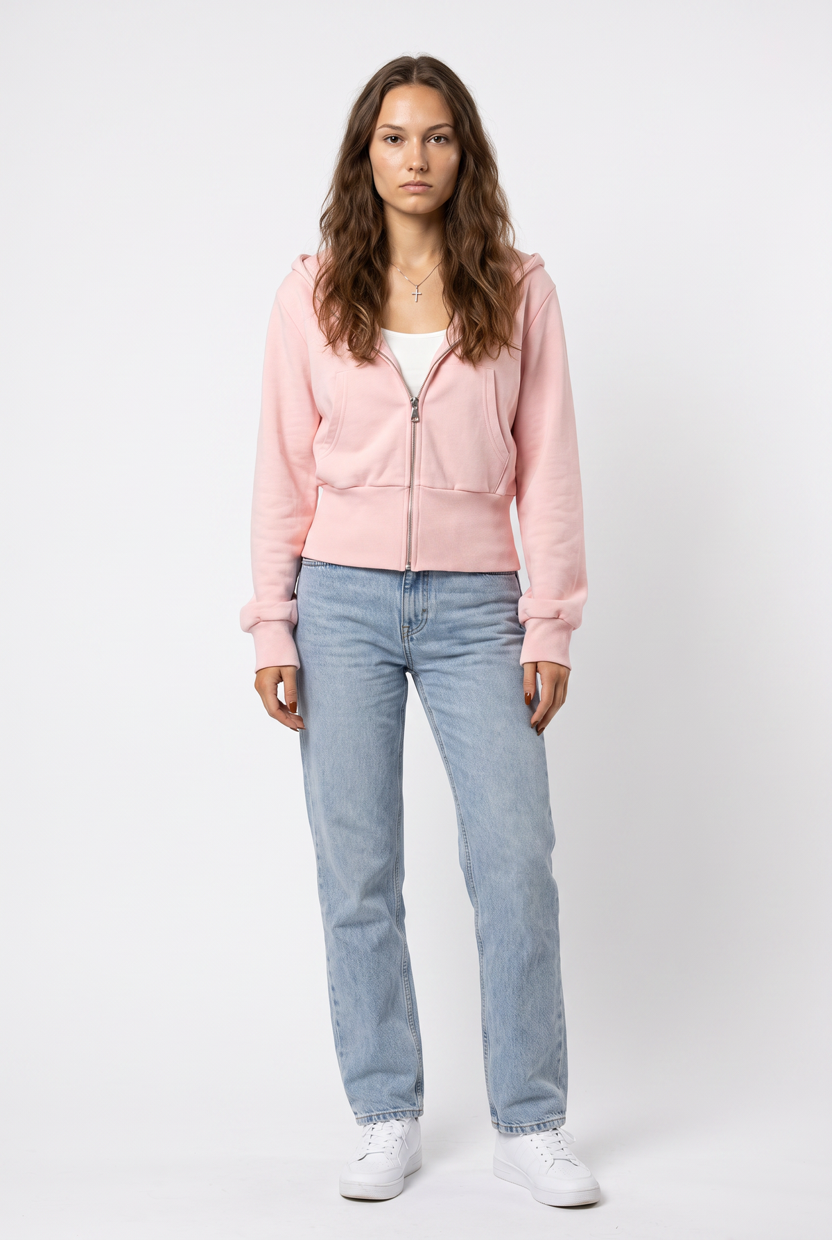 Pink Cropped Cotton Zip Hoodie