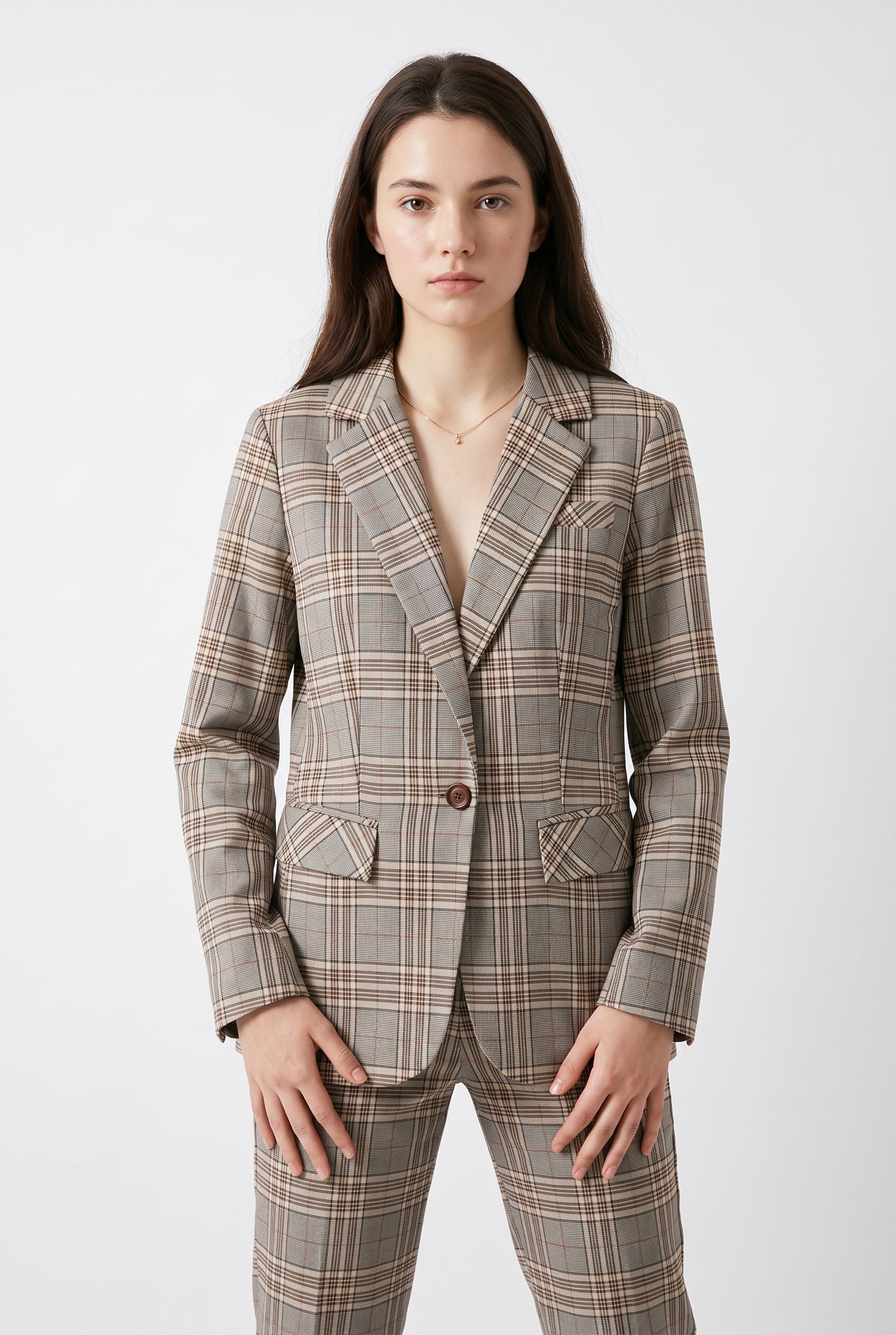 Check Print Single-Button Tailored Blazer
