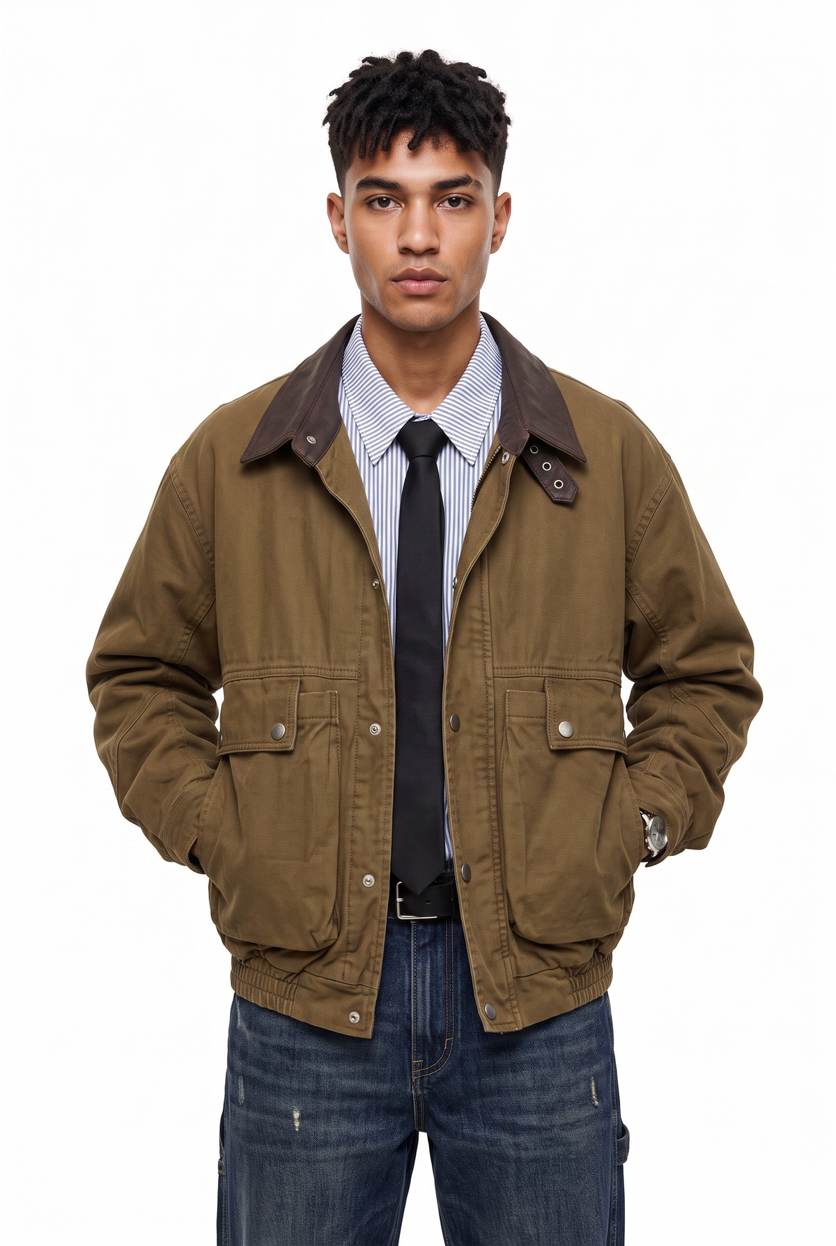 Leather Collar Khaki Field Jacket