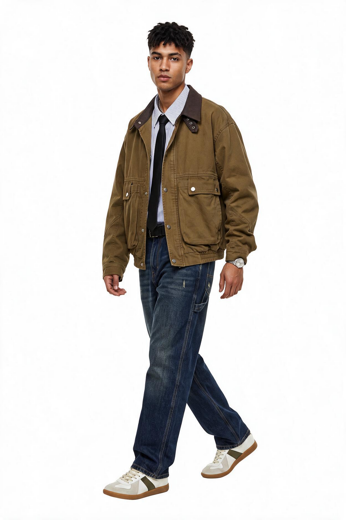 Leather Collar Khaki Field Jacket