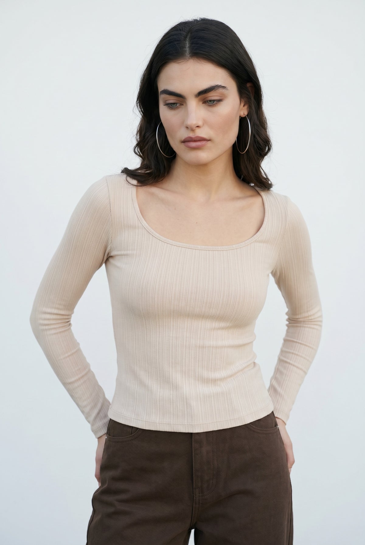 Beige Ribbed Long Sleeve Top