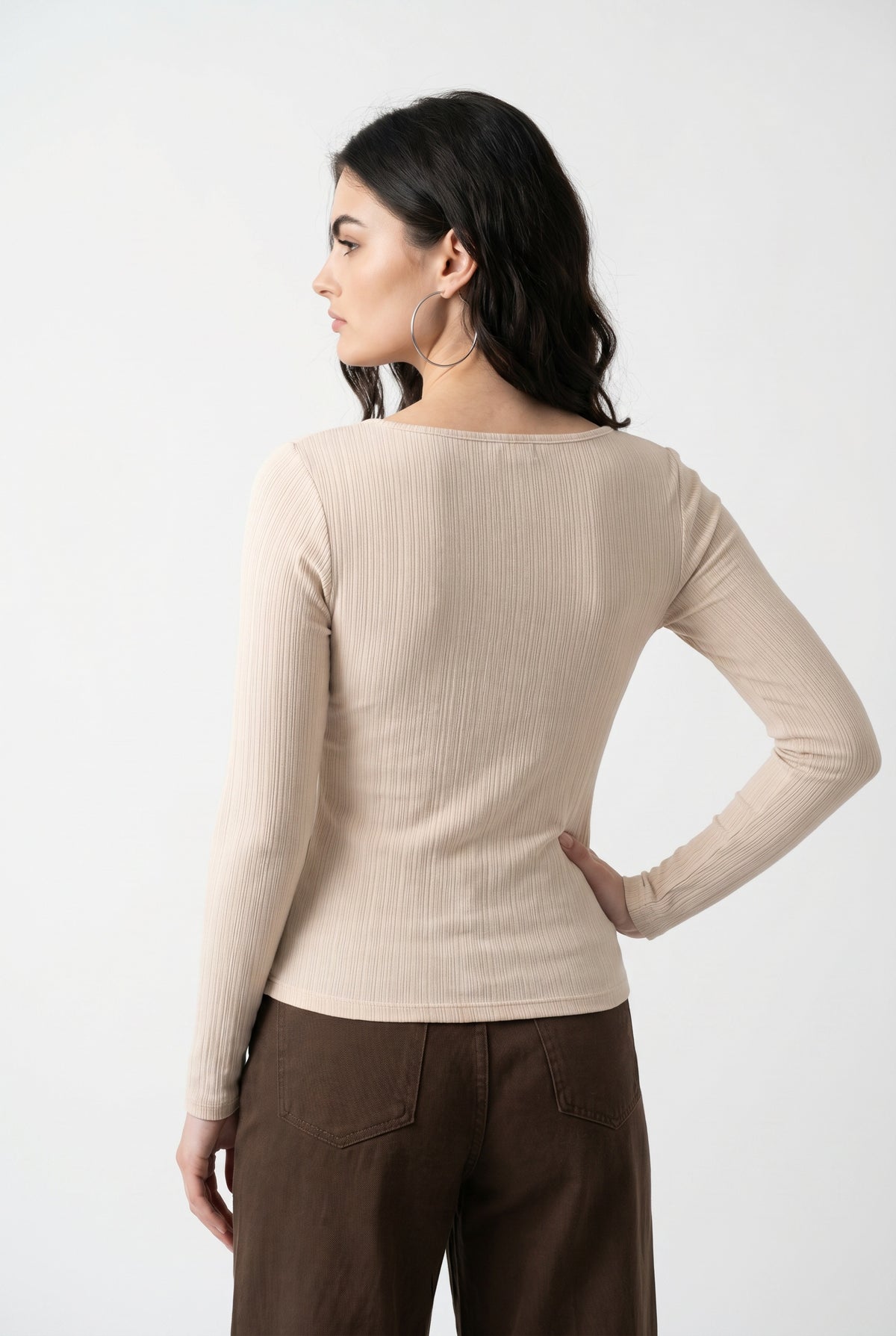 Beige Ribbed Long Sleeve Top