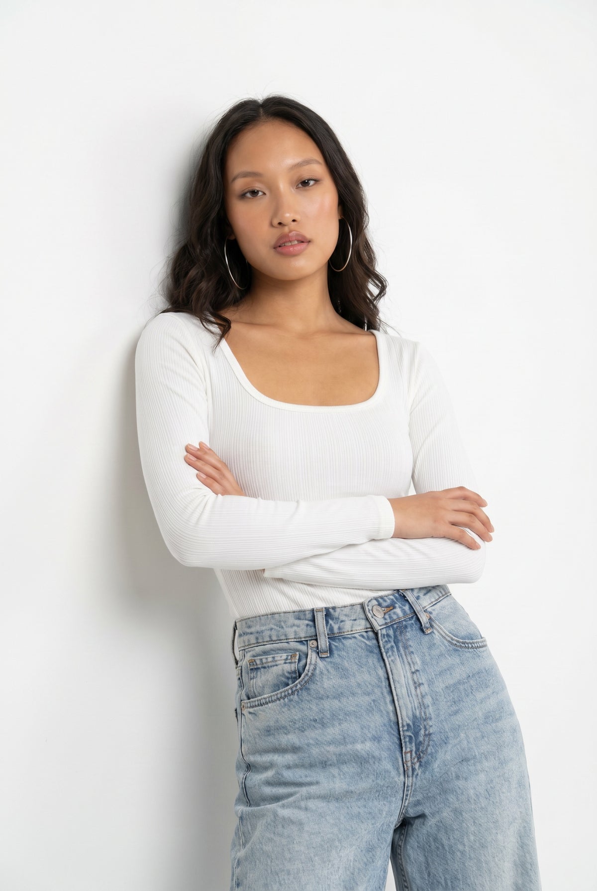 White Ribbed Long Sleeve Top
