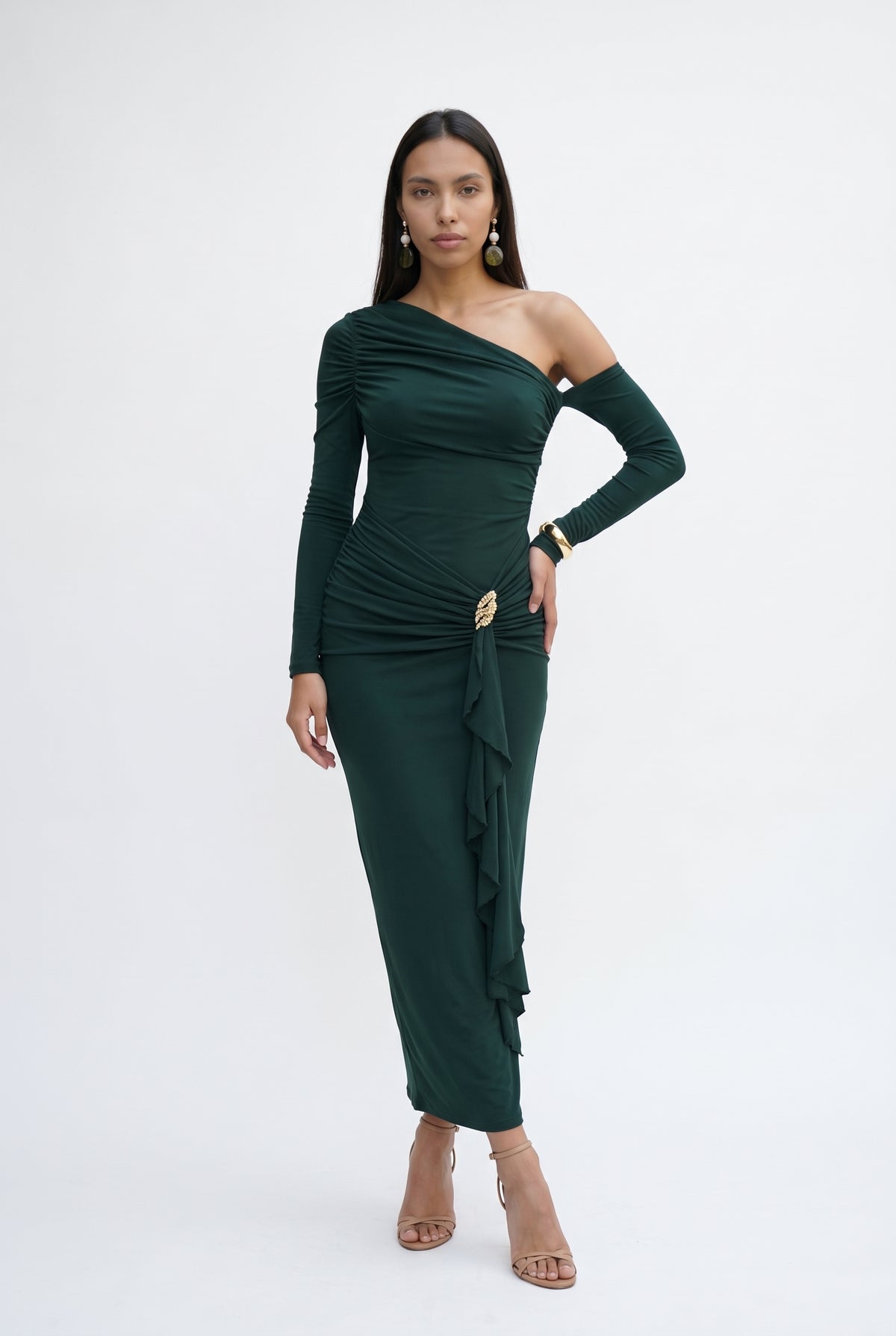 Forest Green One-Shoulder Ruched Dress