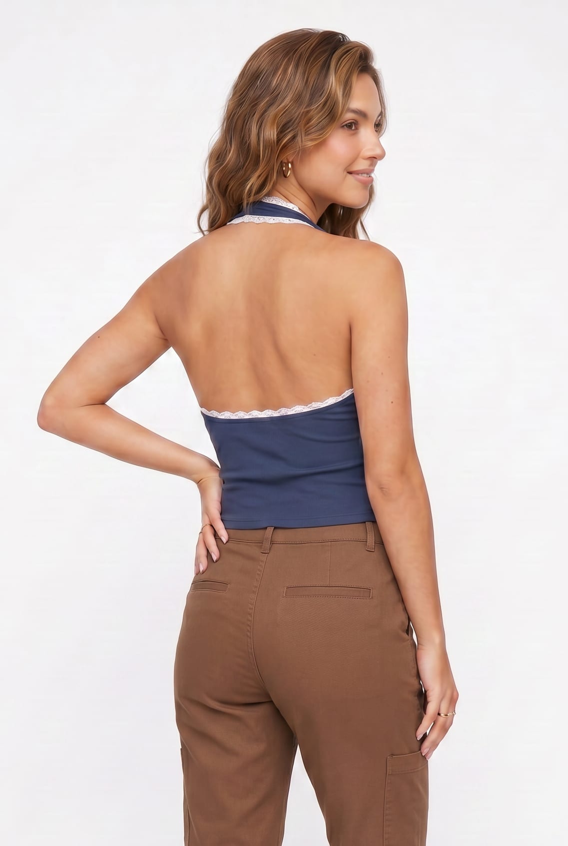 Navy Halter Lace Trim Ribbed Top