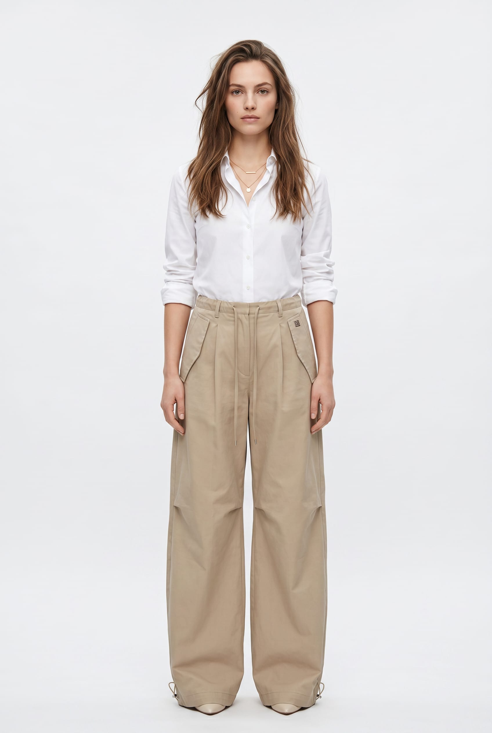 Beige Wide-Leg Pleated Trousers