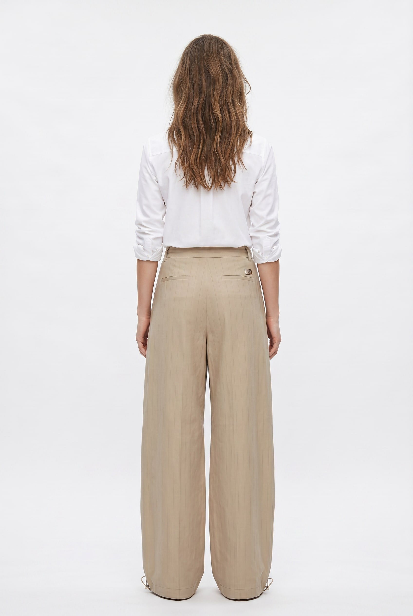 Beige Wide-Leg Pleated Trousers