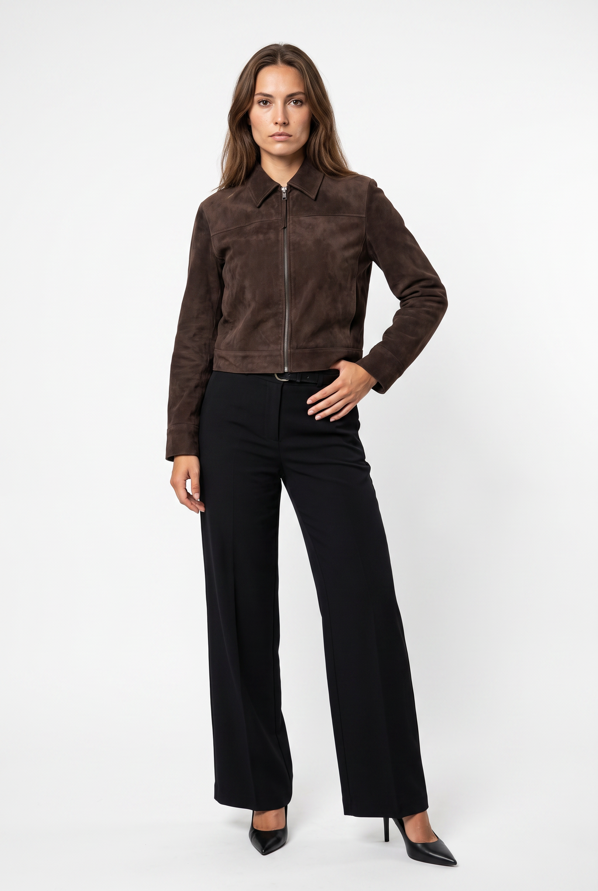 Brown Cropped Suede Zip Jacket