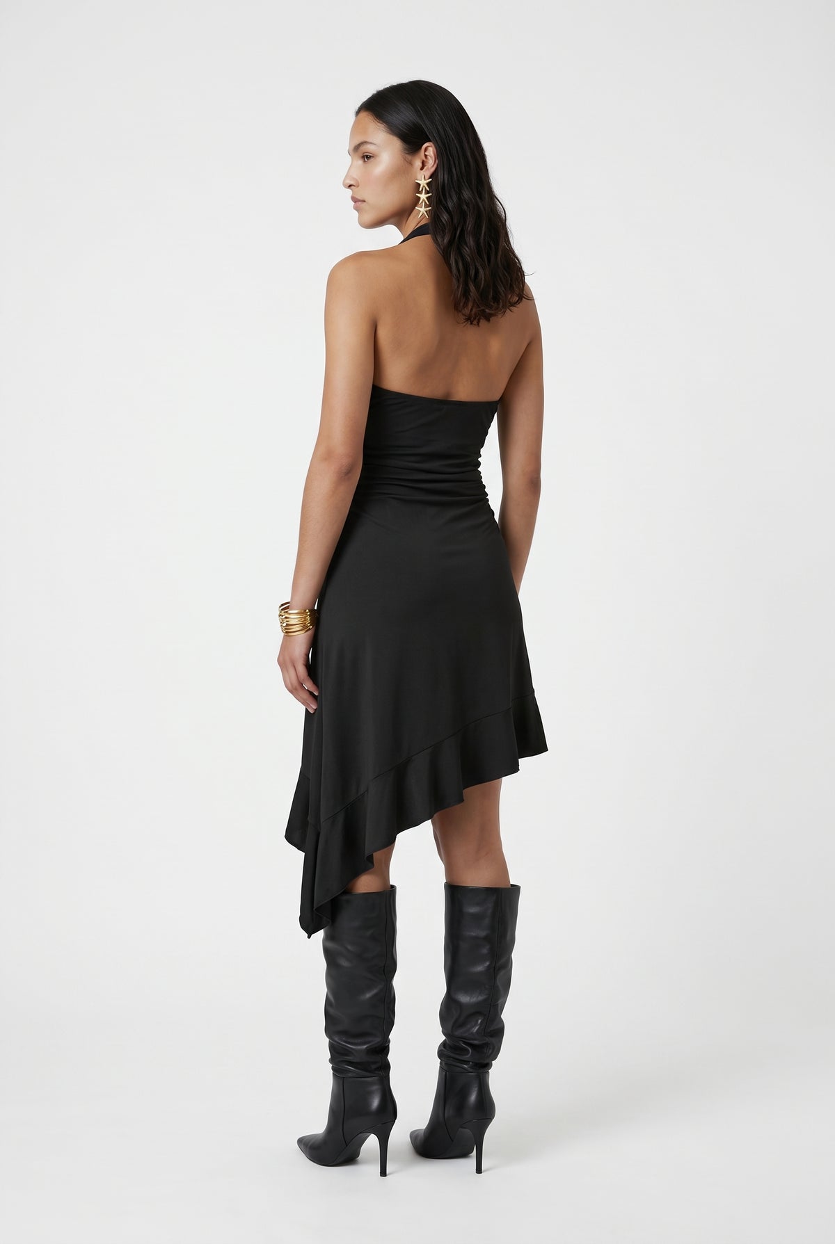 Black Halter Asymmetric Midi Dress