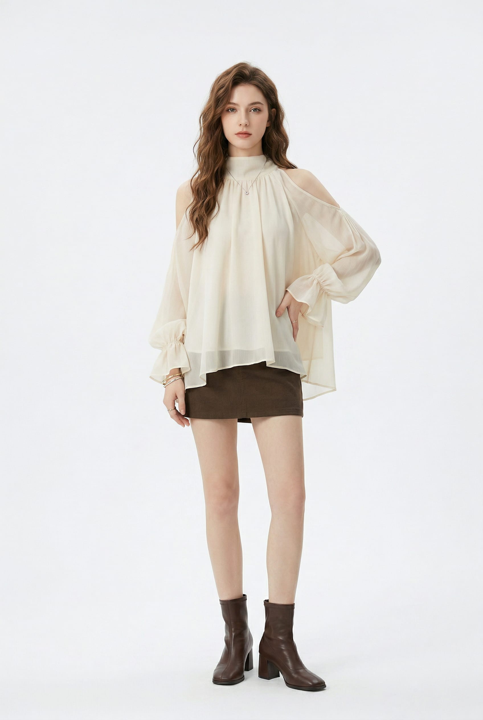 Cream Cold-Shoulder Sheer Blouse