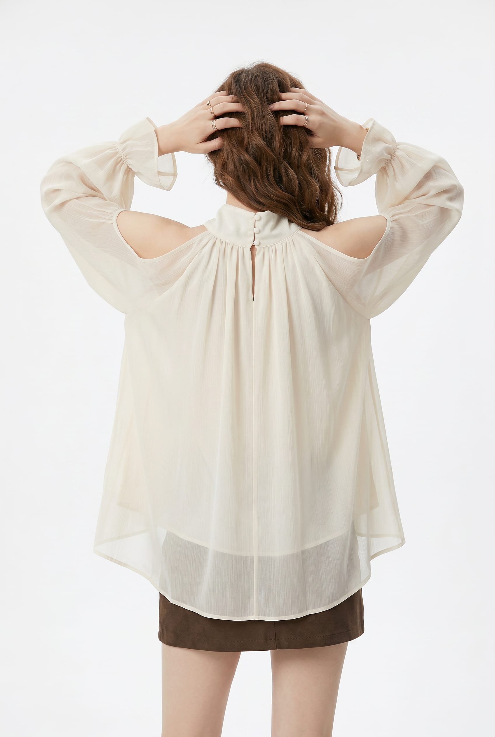 Cream Cold-Shoulder Sheer Blouse