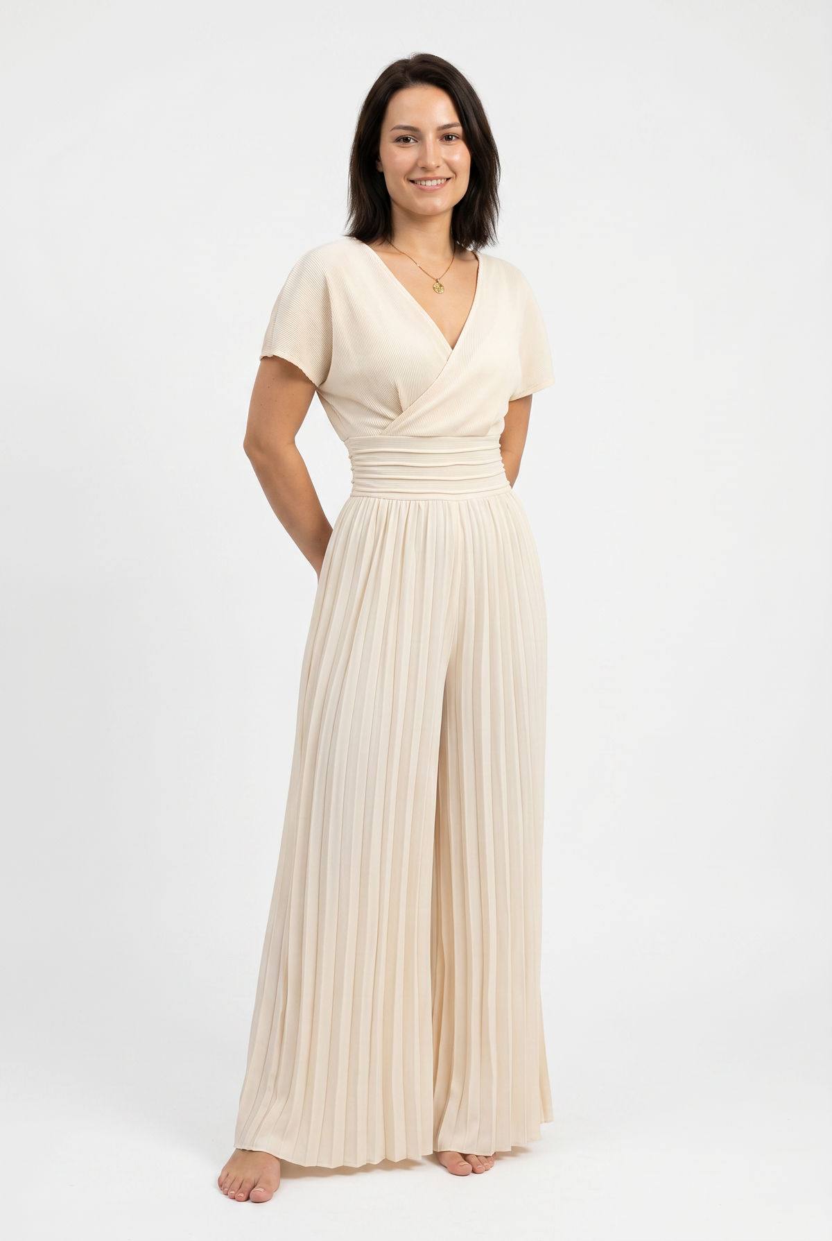Beige Pleated Wide Leg Jumpsuit