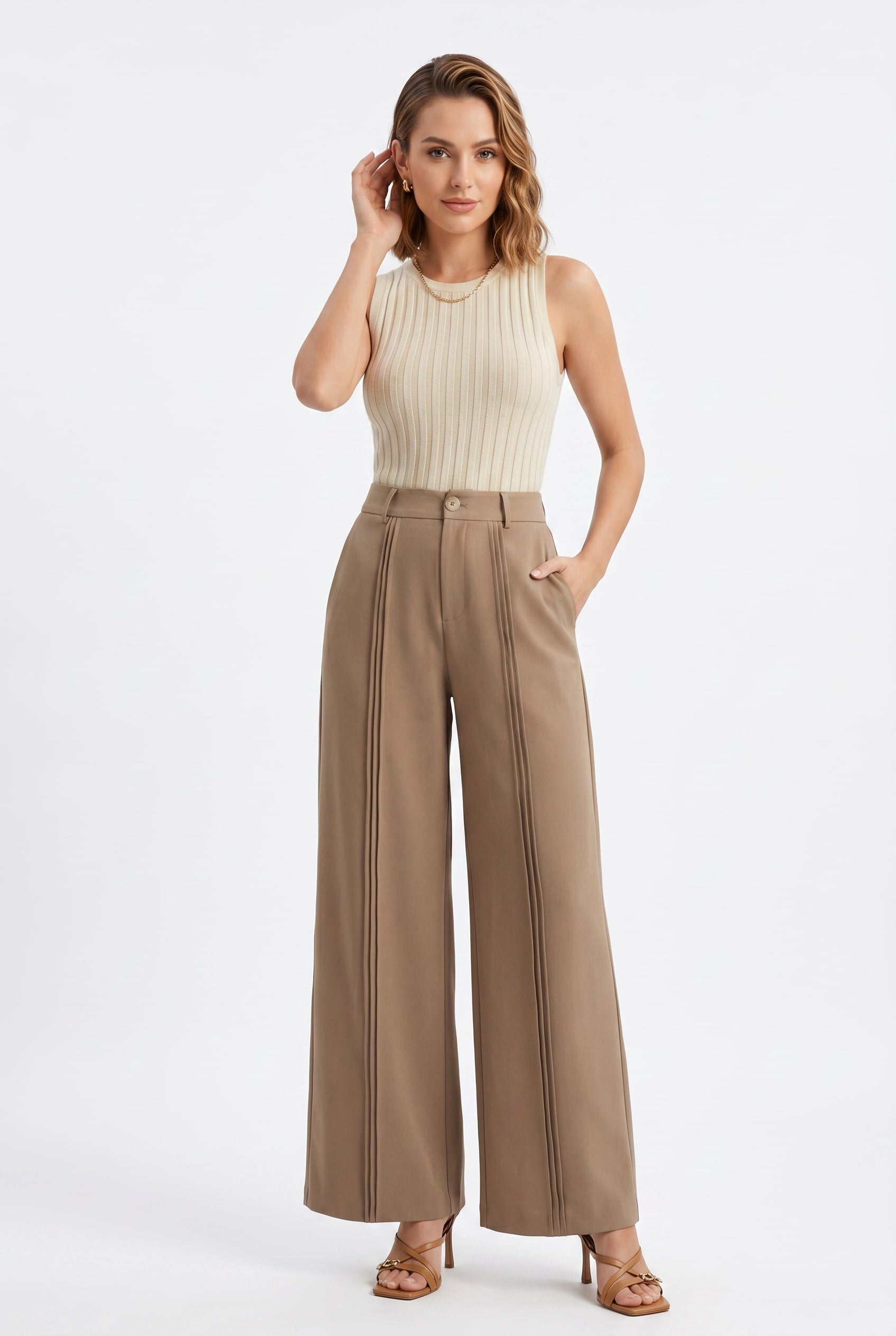Taupe Wide-Leg Pleated Trousers