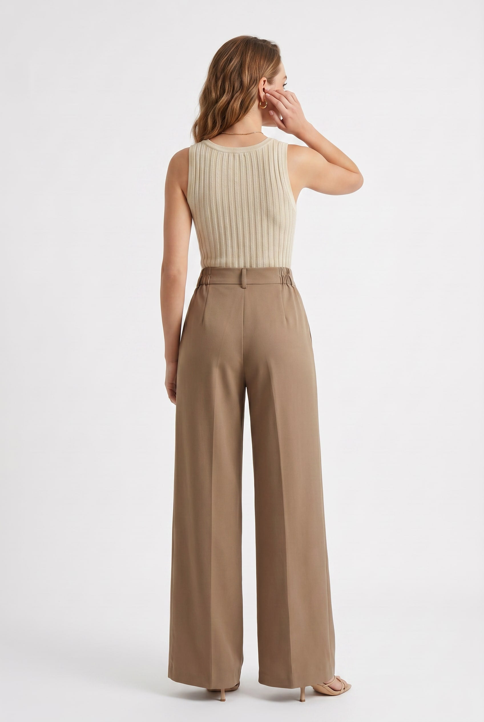 Taupe Wide-Leg Pleated Trousers