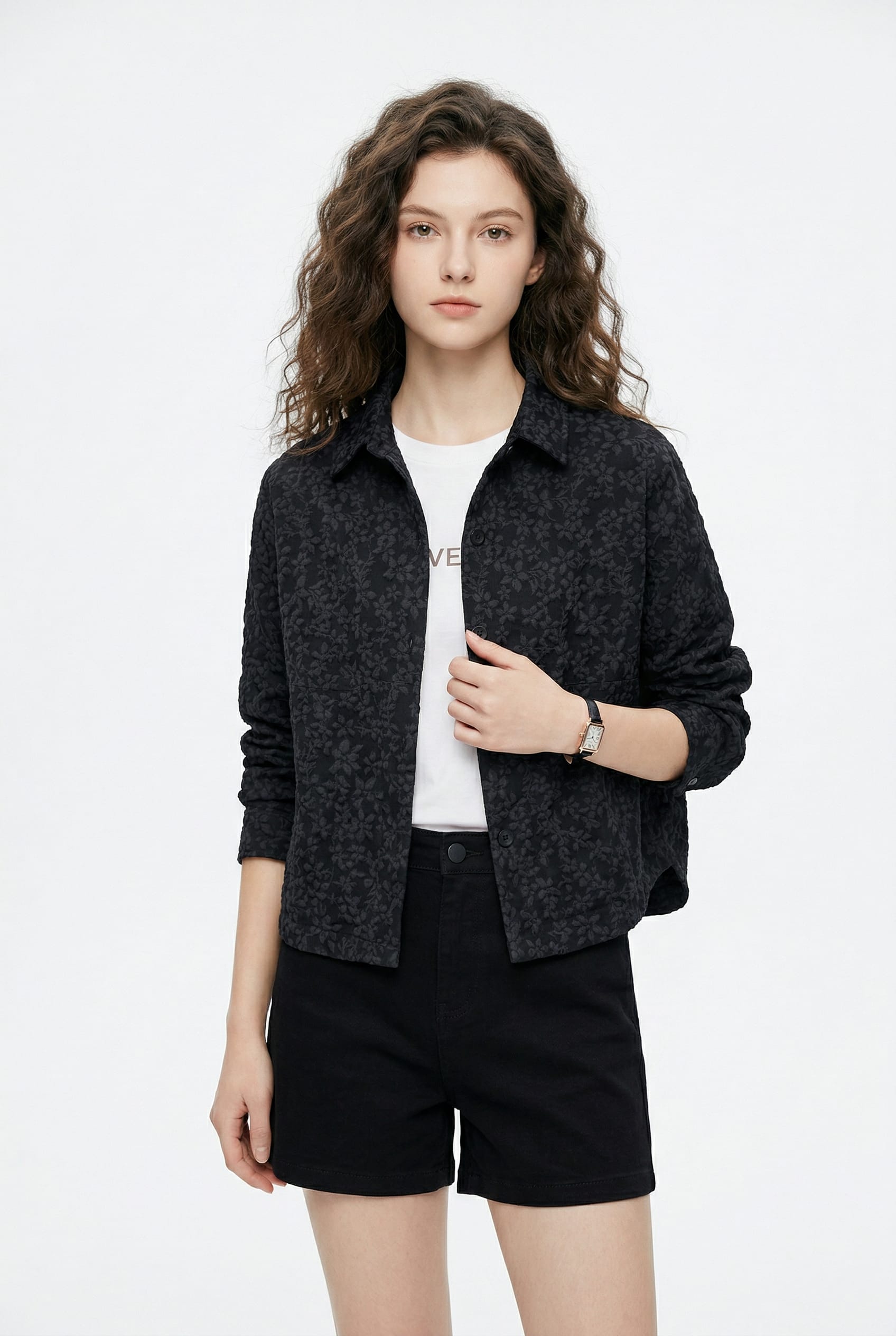 Black Floral Jacquard Cropped Jacket