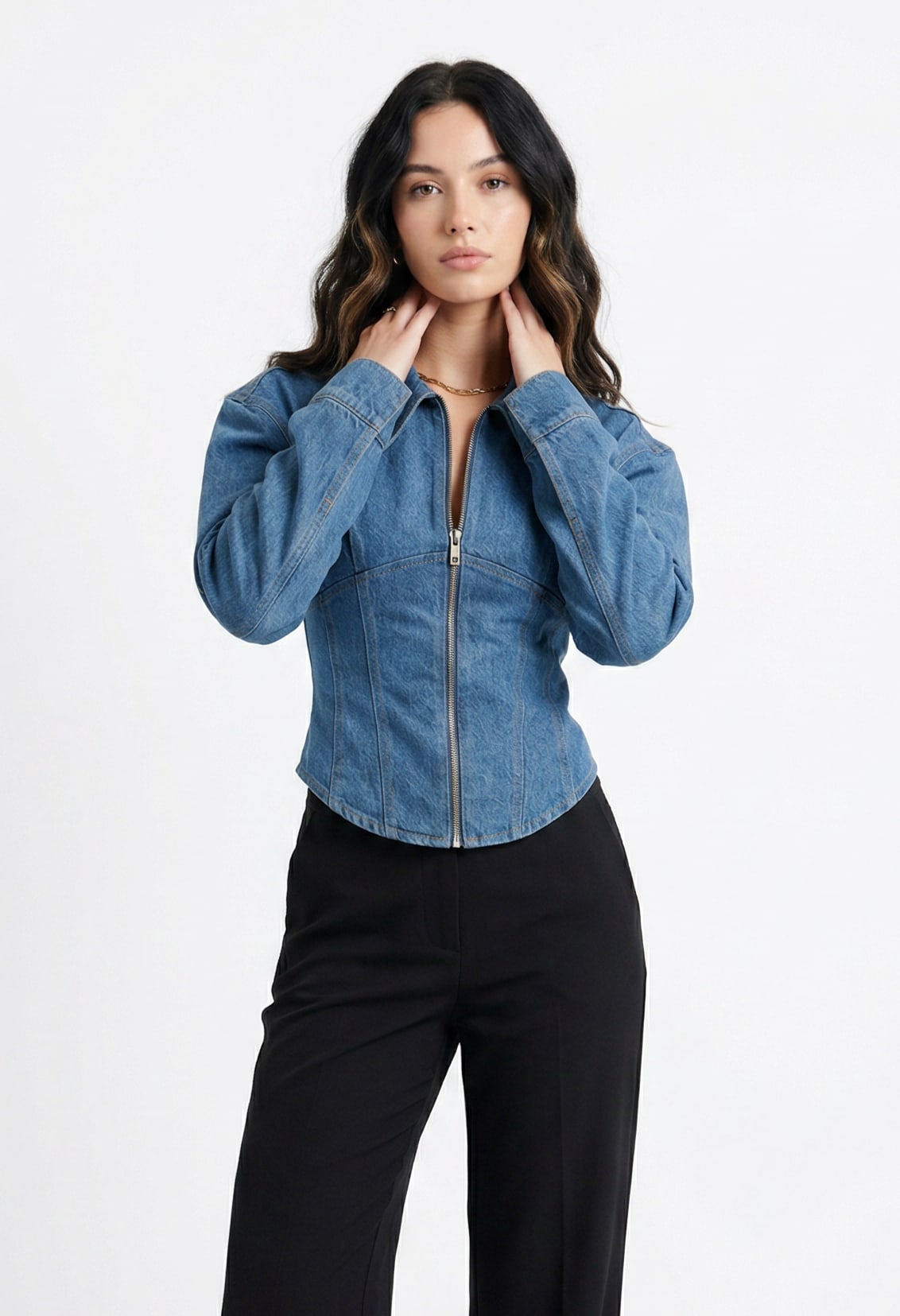 Medium Blue Denim Fitted Zip Jacket