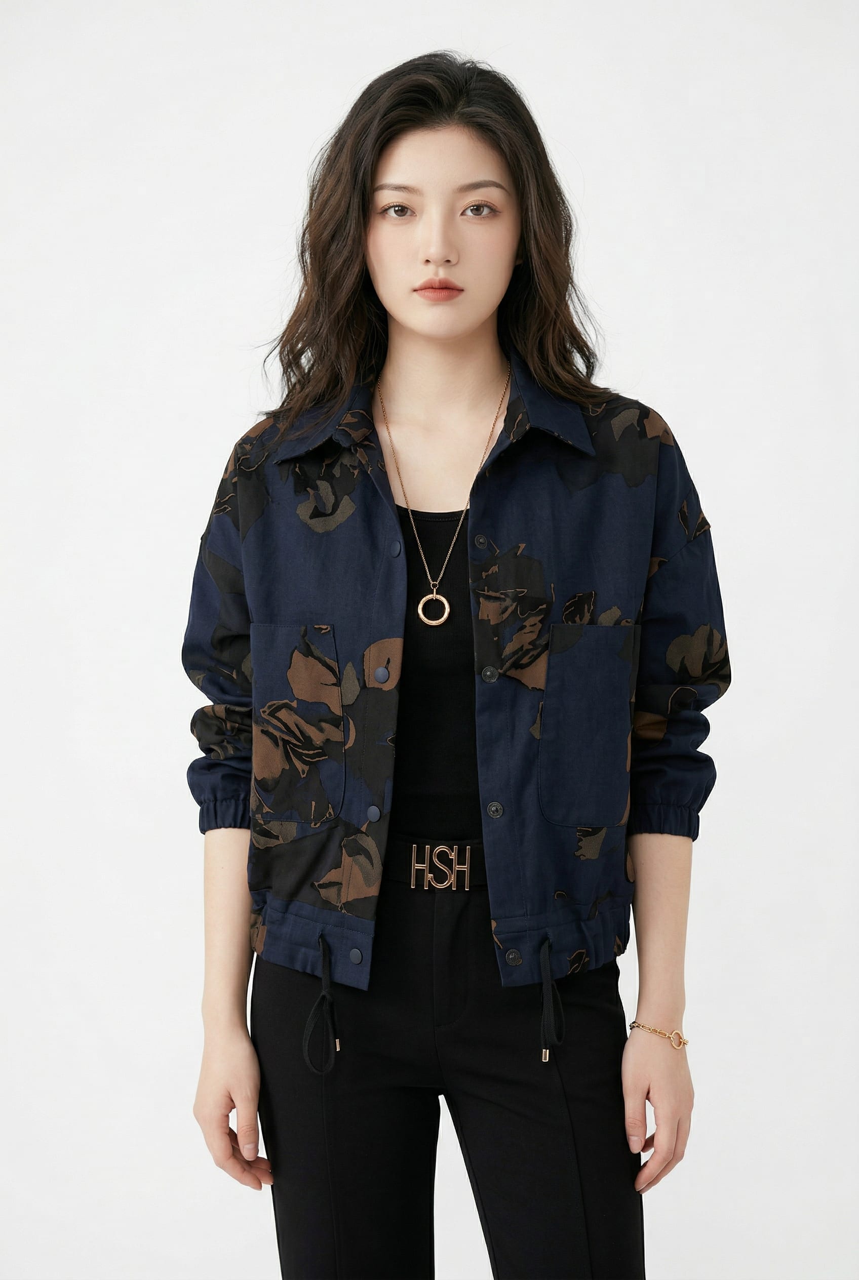 Navy Floral Print Bomber Jacket