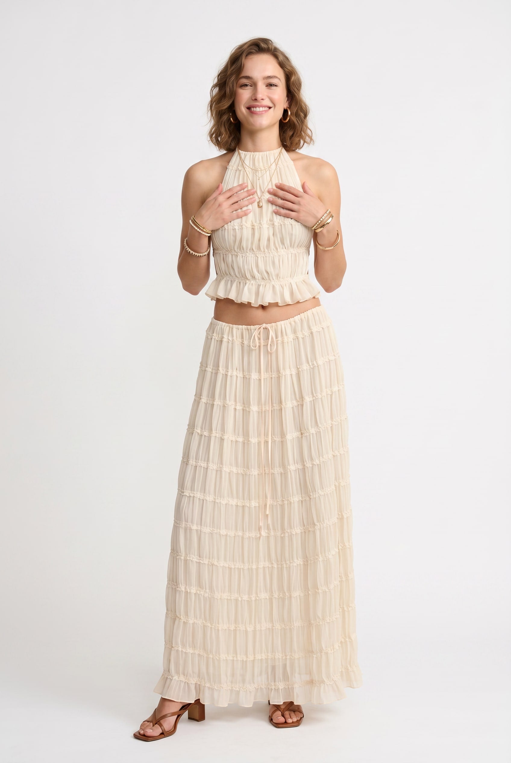 Ivory Tiered Halter Top Maxi Co-ord