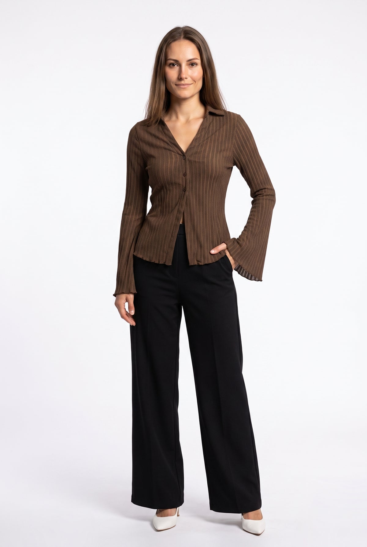Brown Ribbed Button-Up Shirt