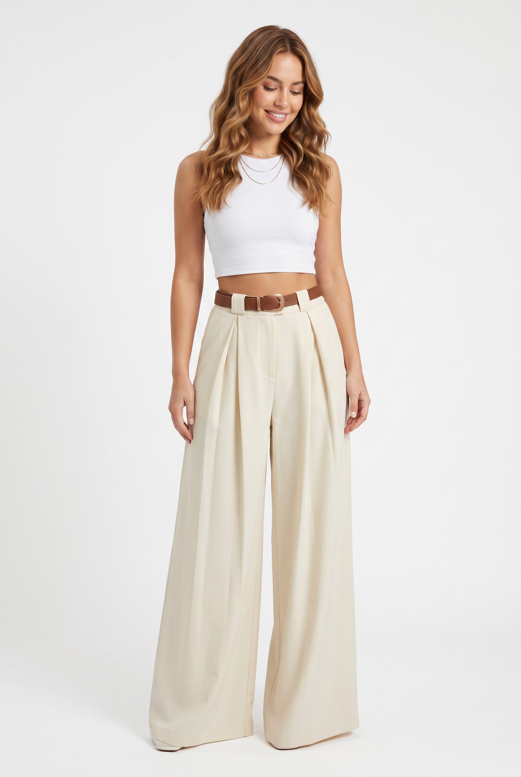 Cream Wide Leg Pleated Trousers