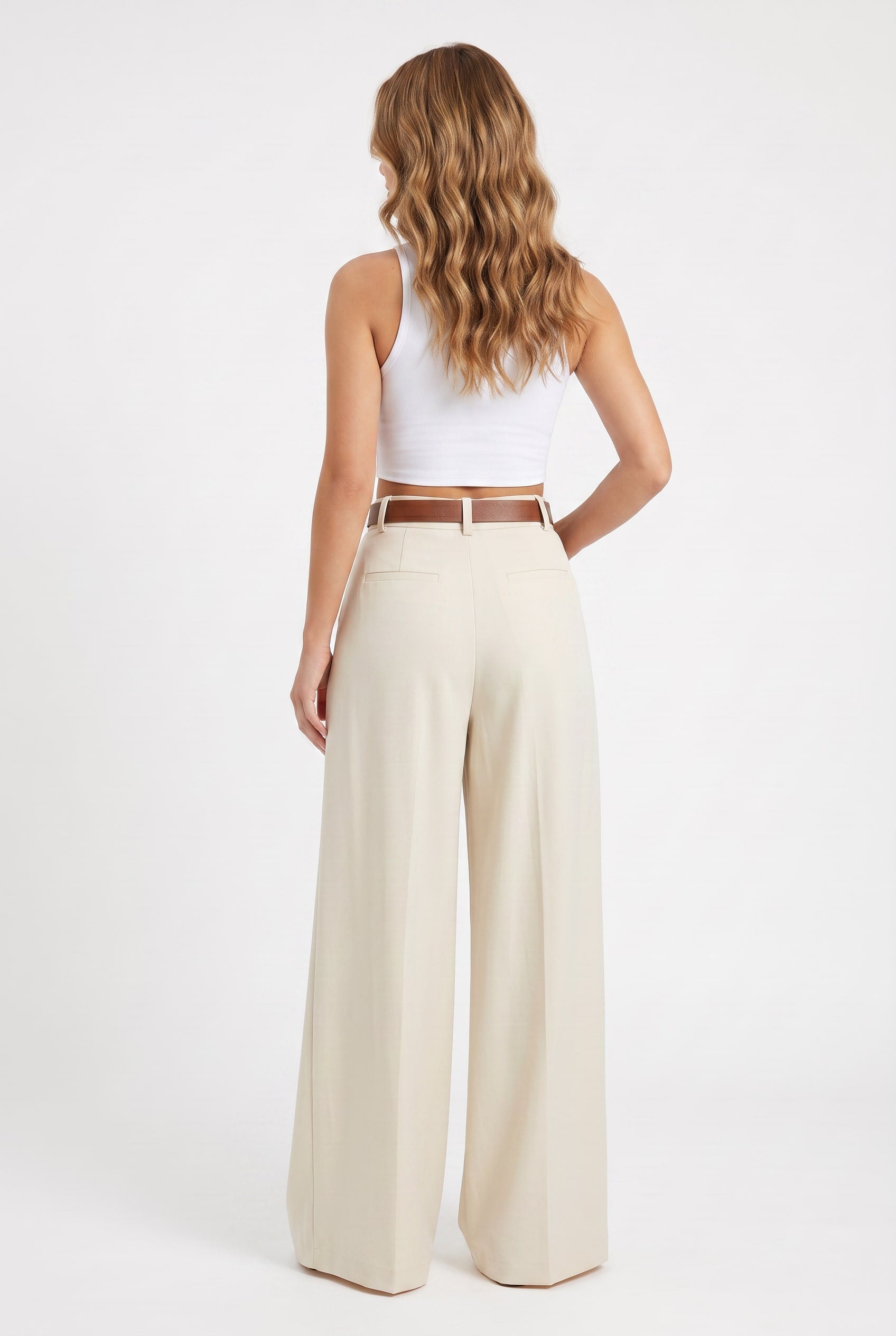 Cream Wide Leg Pleated Trousers