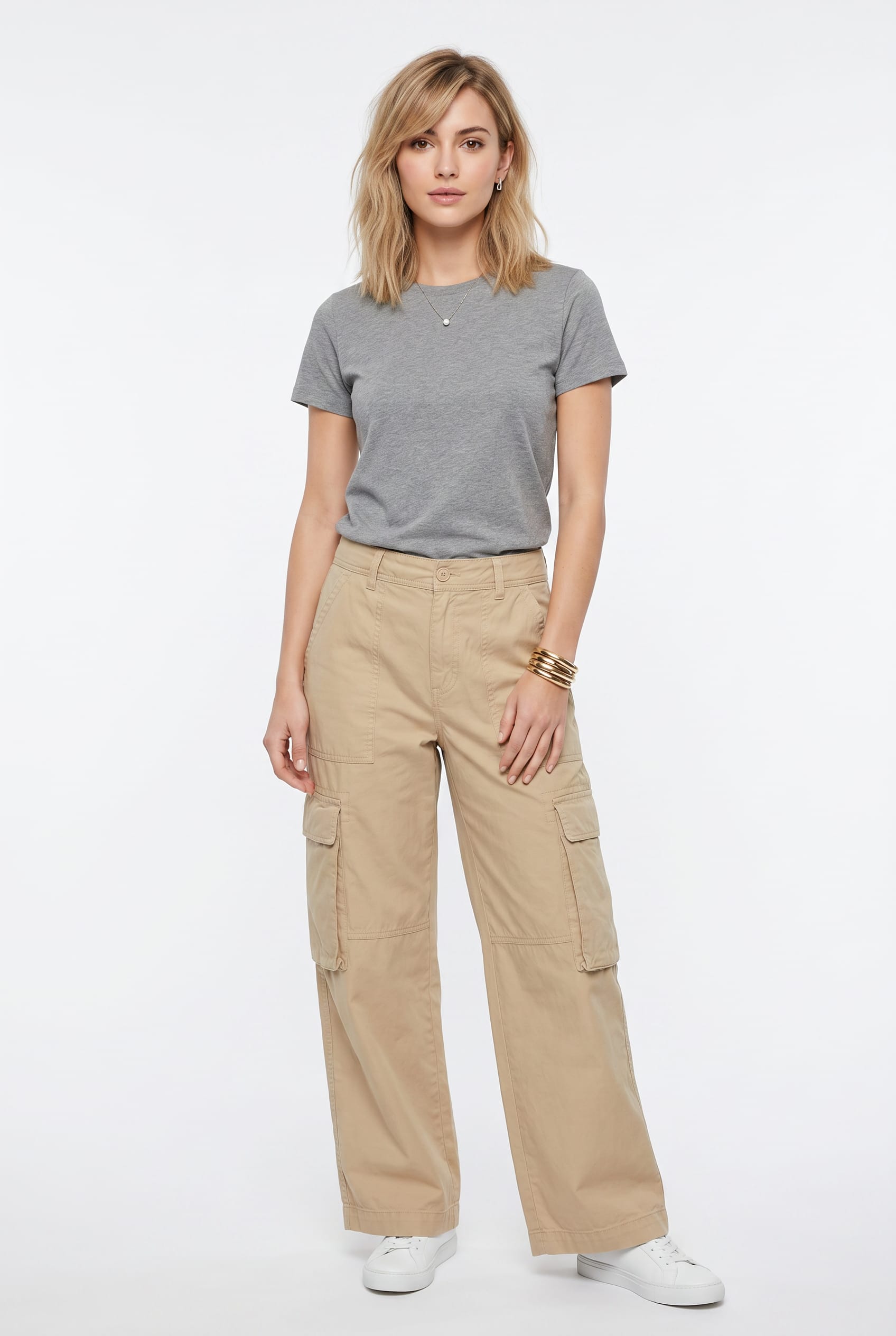 Beige Wide Leg Cargo Trousers