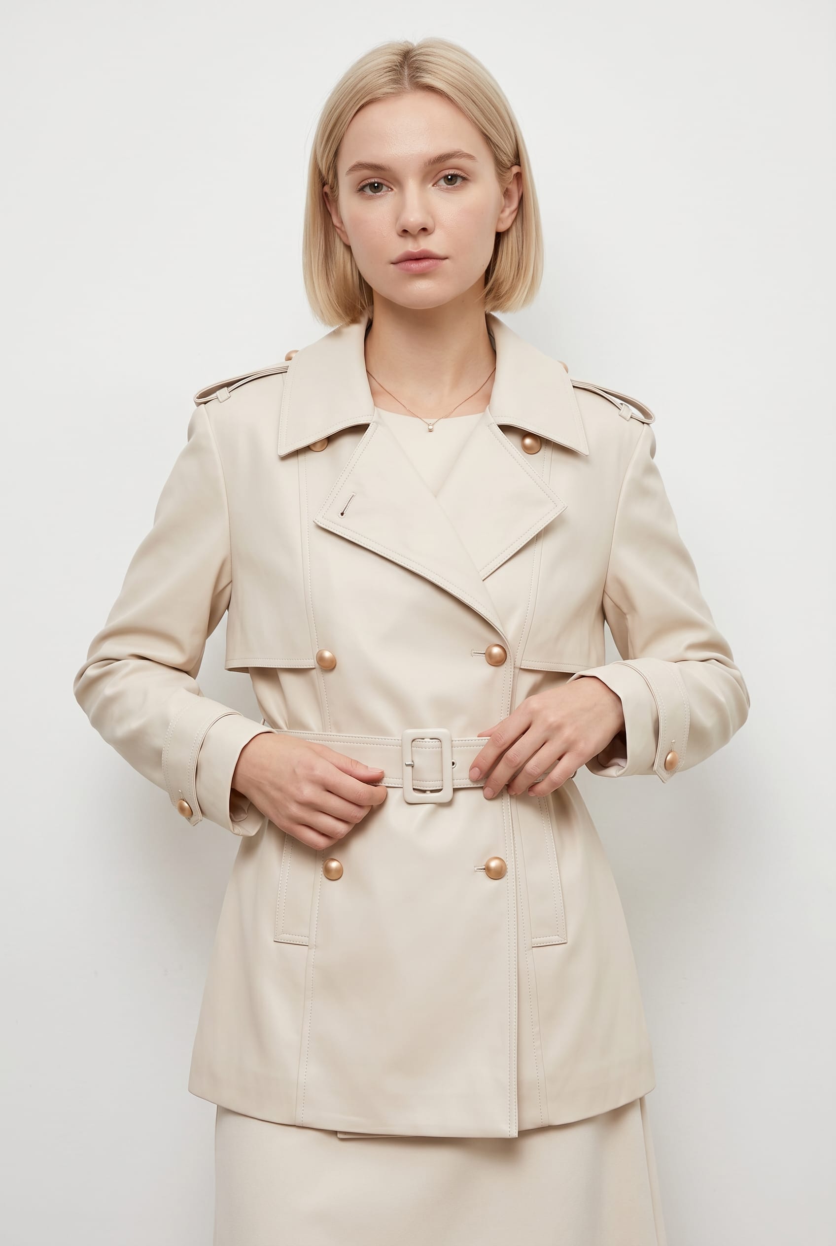 Cream Double-Breasted Belted Trench Coat