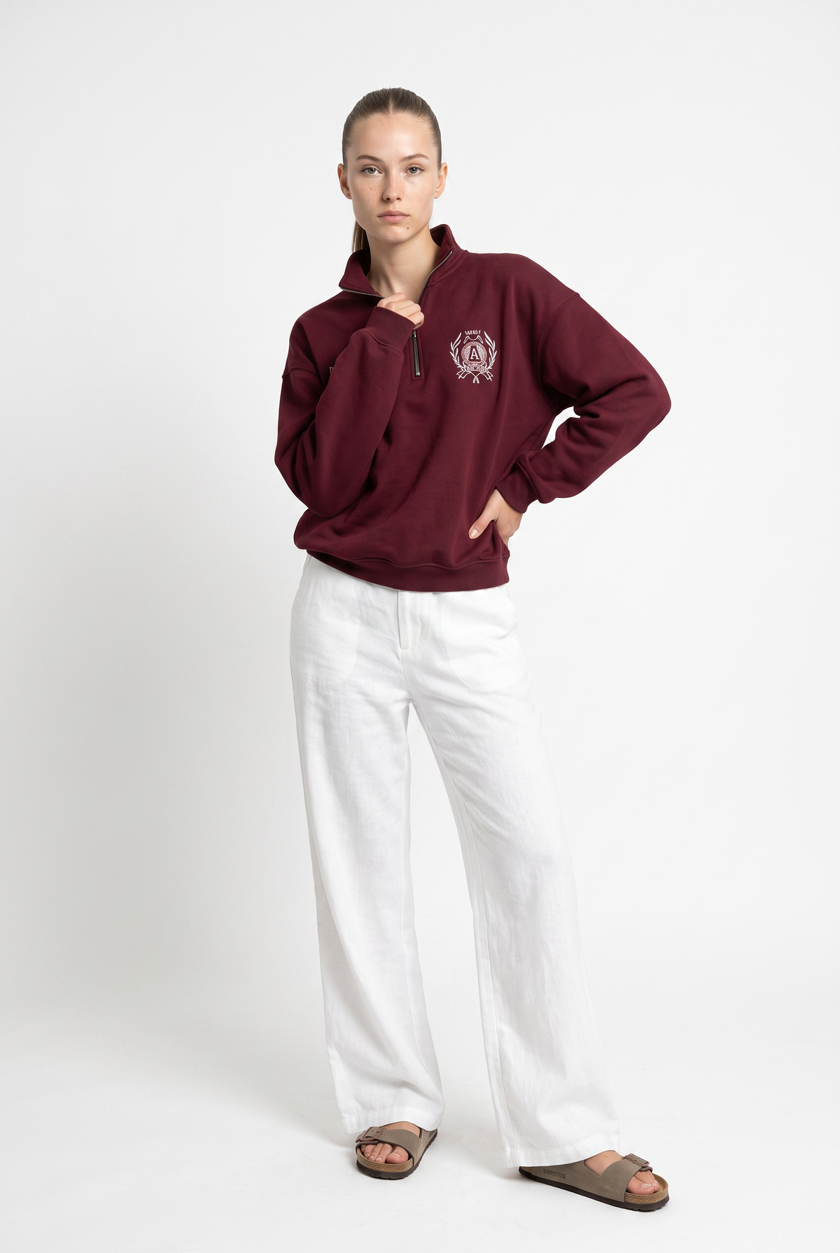 Burgundy Quarter Zip Cotton Sweatshirt