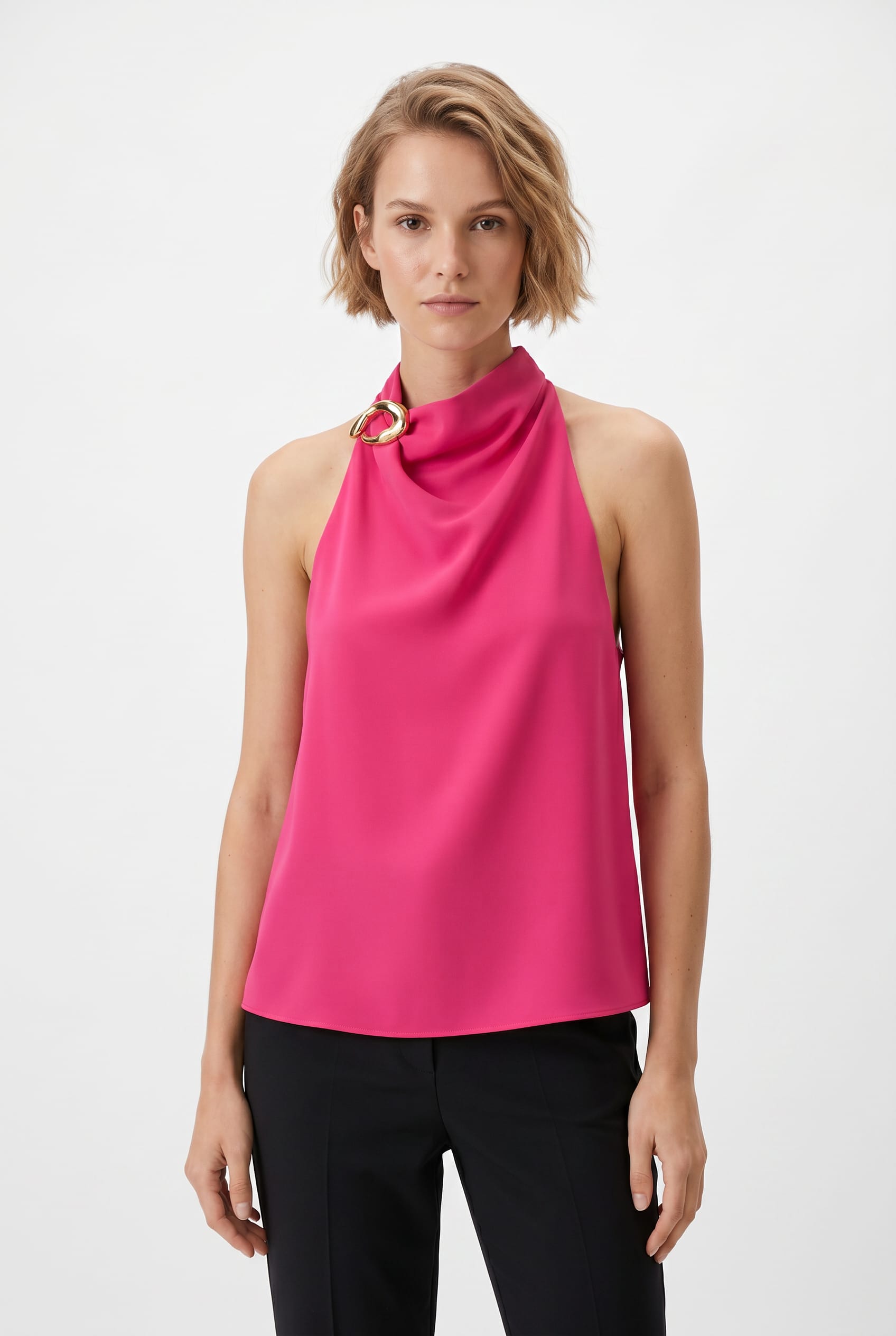 Hot Pink Halter Neck Ring Detail Top