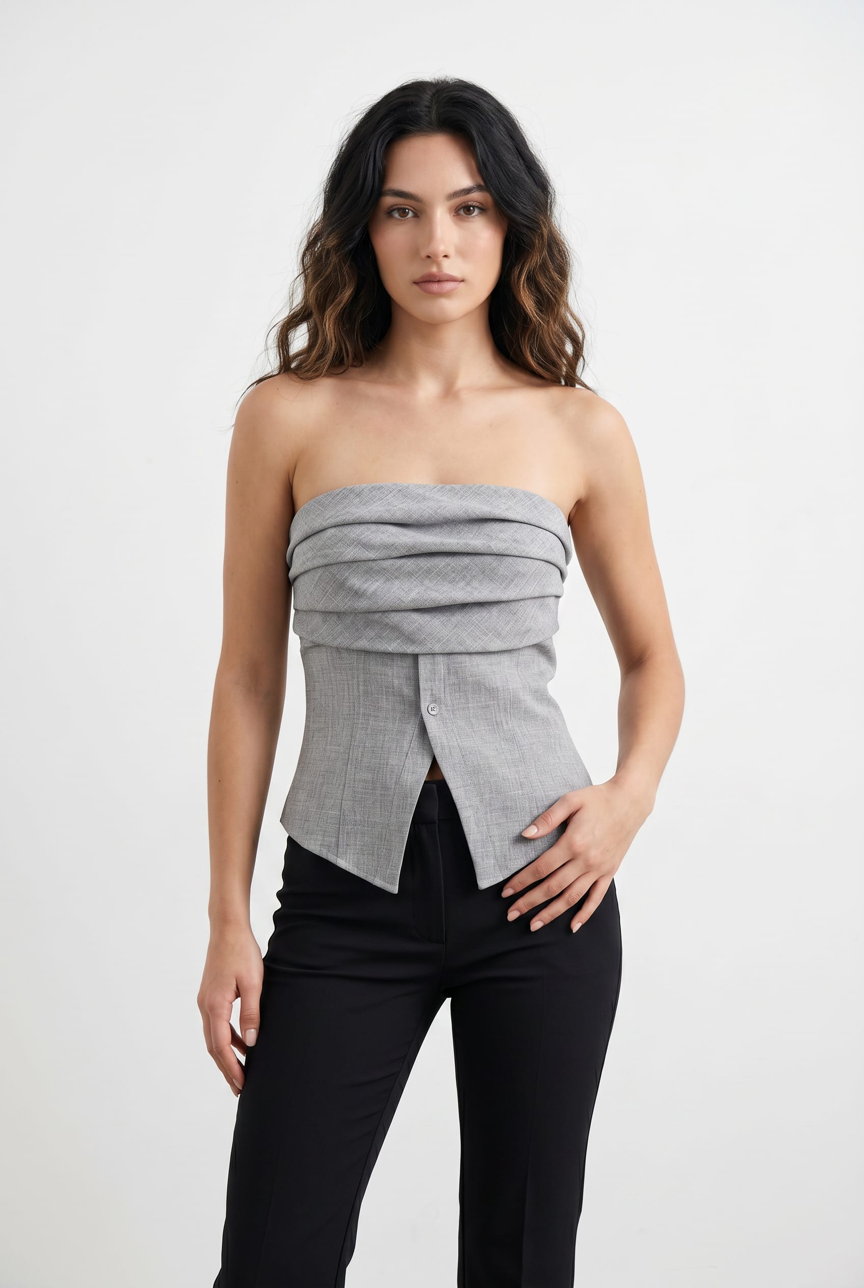 Grey Strapless Folded Collar Tailored Top