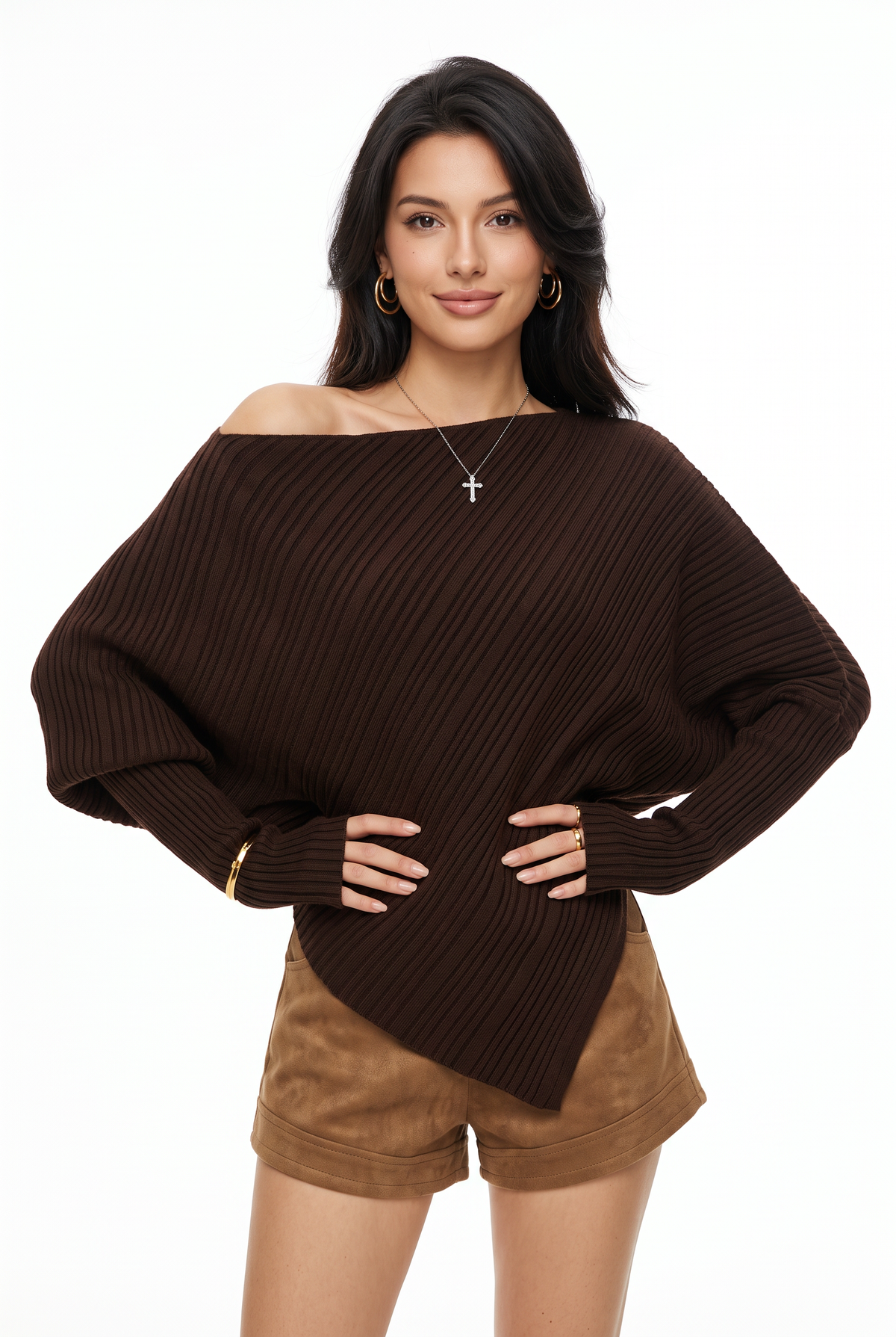 Brown Off-Shoulder Ribbed Sweater