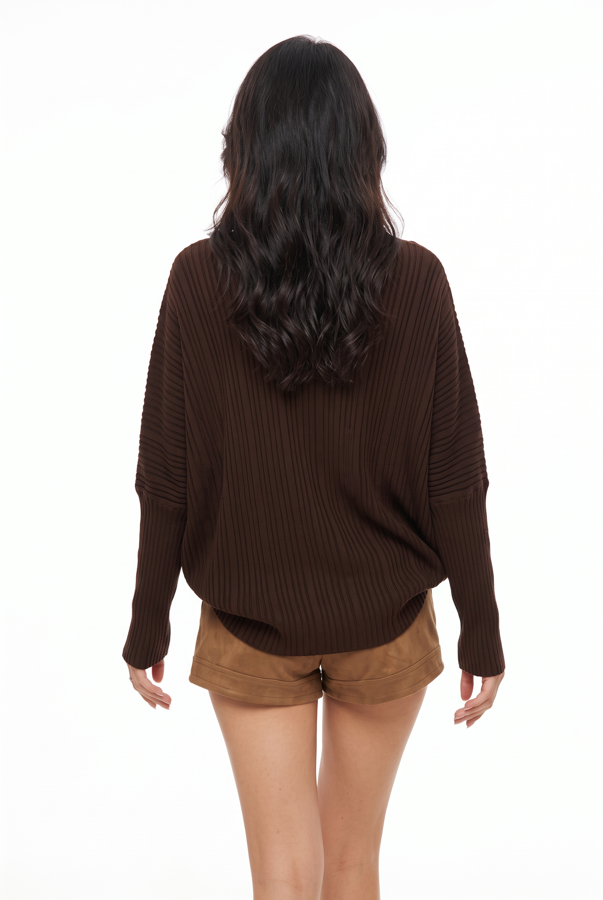 Brown Off-Shoulder Ribbed Sweater