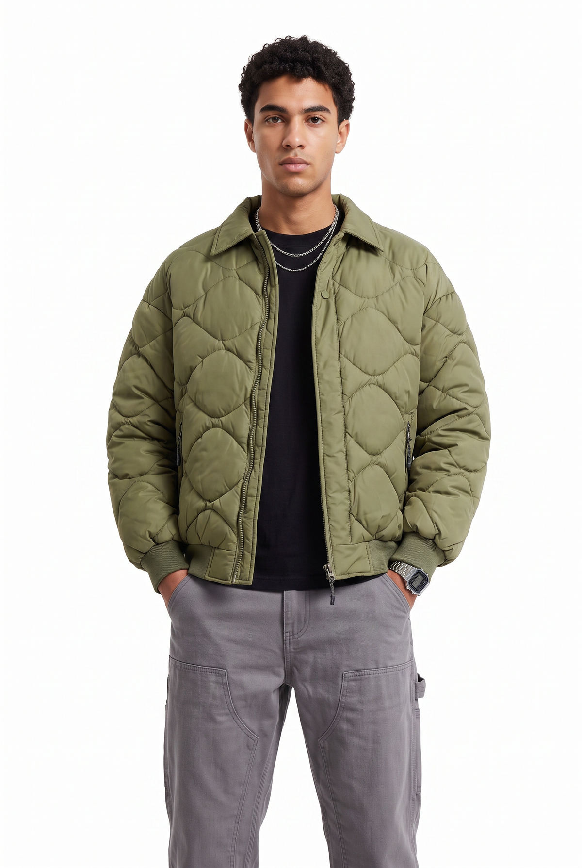 Quilted Olive Bomber Jacket