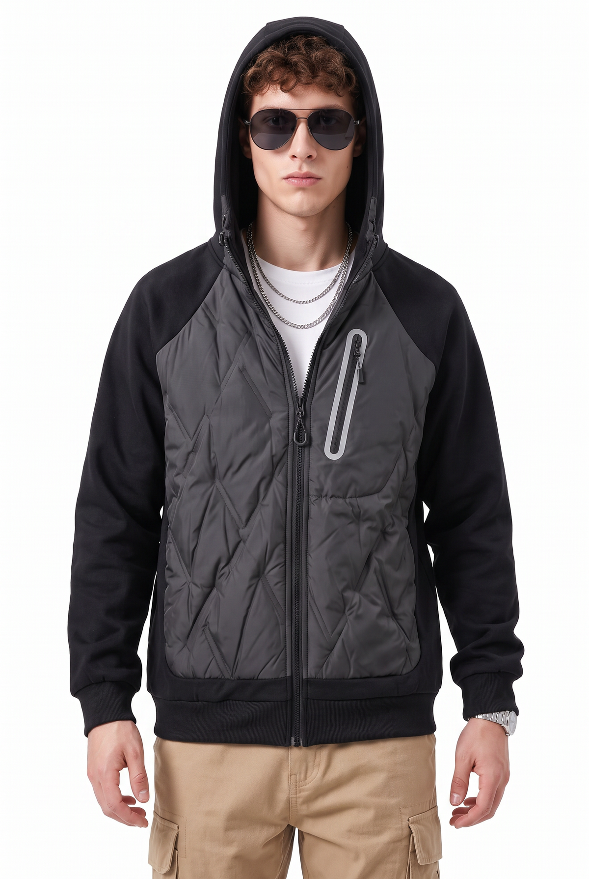 Quilted Grey Black Hooded Jacket