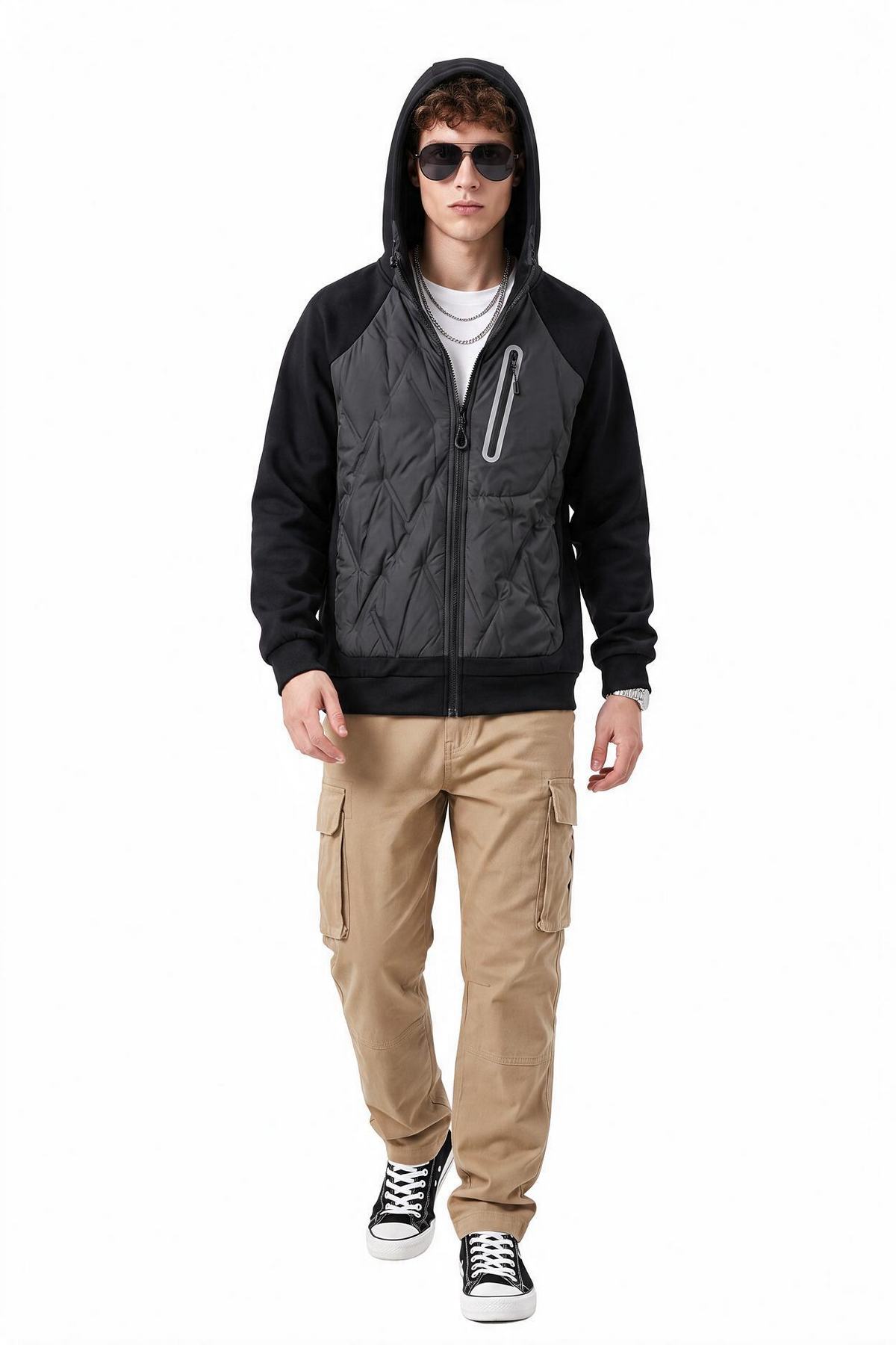 Quilted Grey Black Hooded Jacket