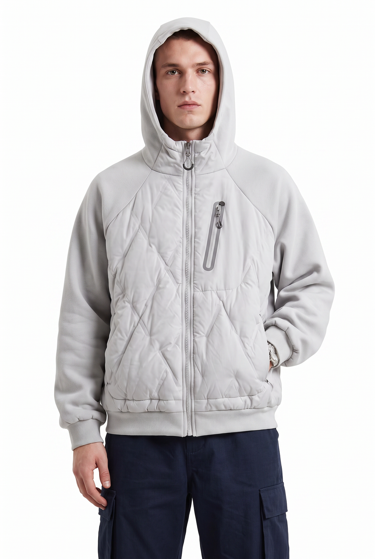 Quilted Grey Hooded Hybrid Jacket