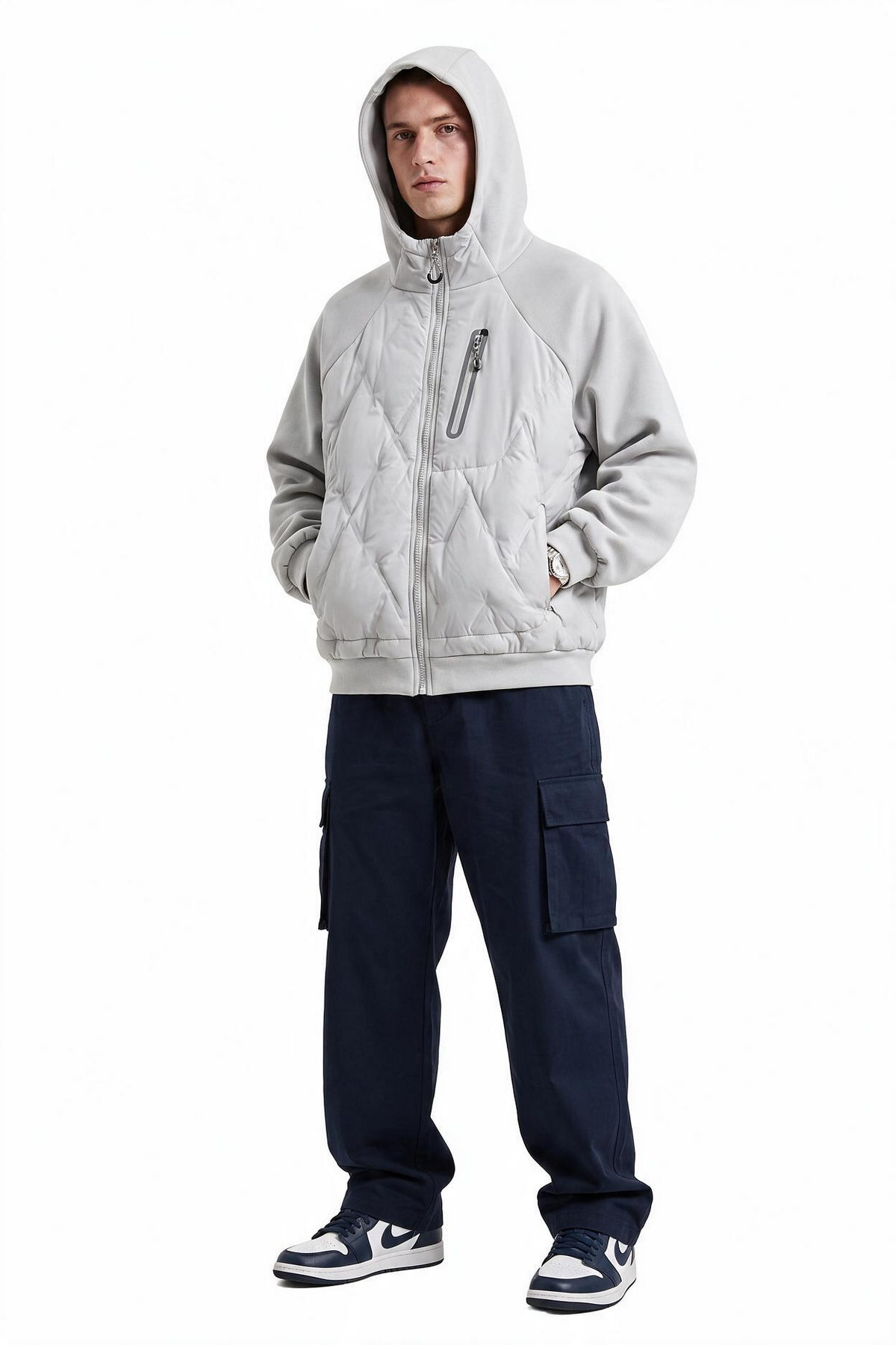 Quilted Grey Hooded Hybrid Jacket