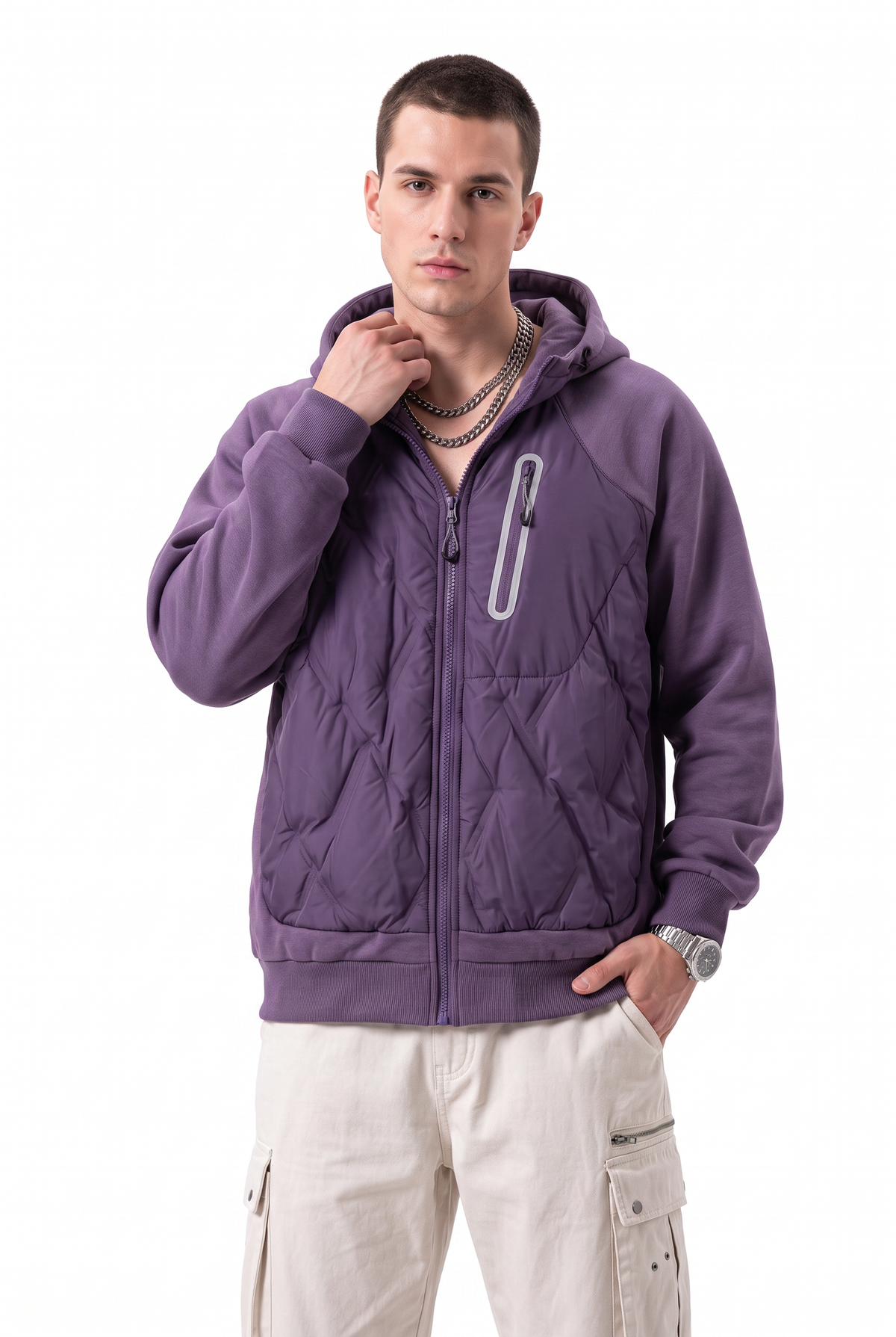 Quilted Purple Hooded Zip Jacket