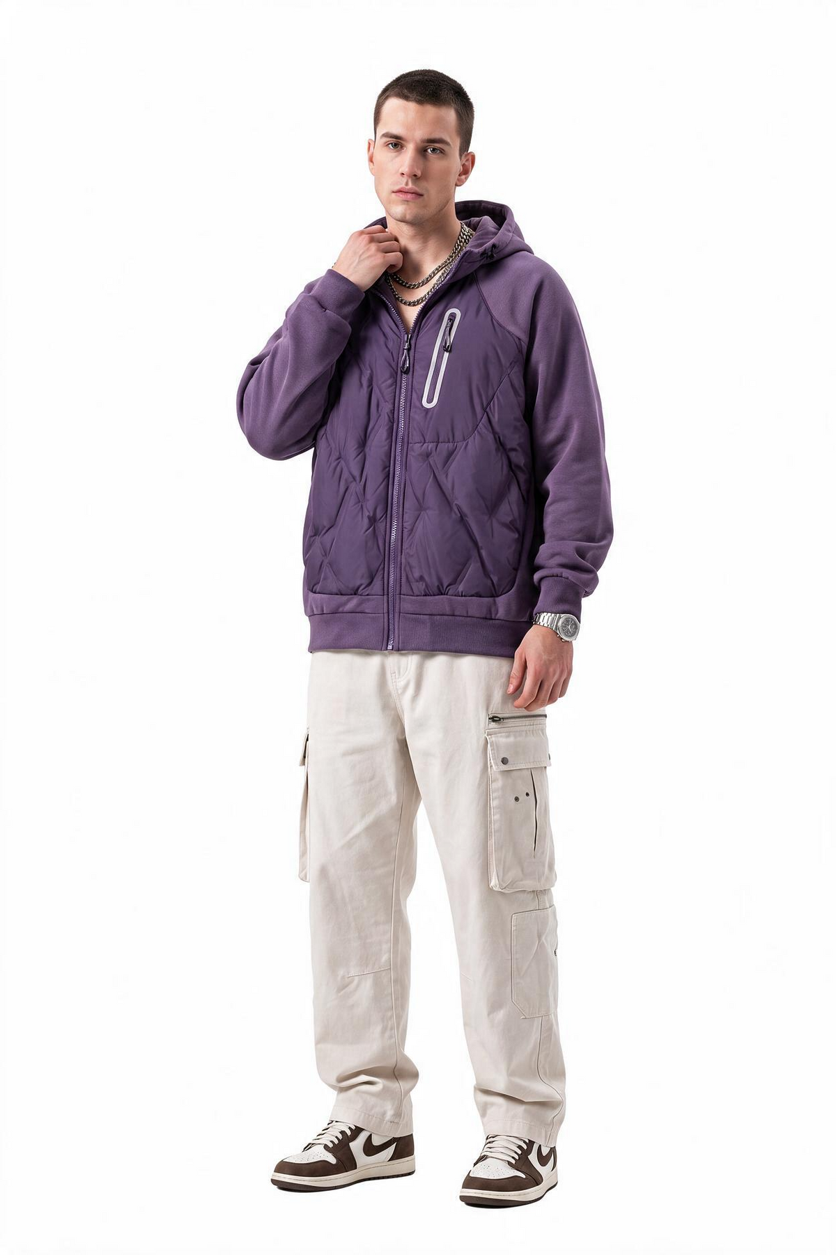 Quilted Purple Hooded Zip Jacket