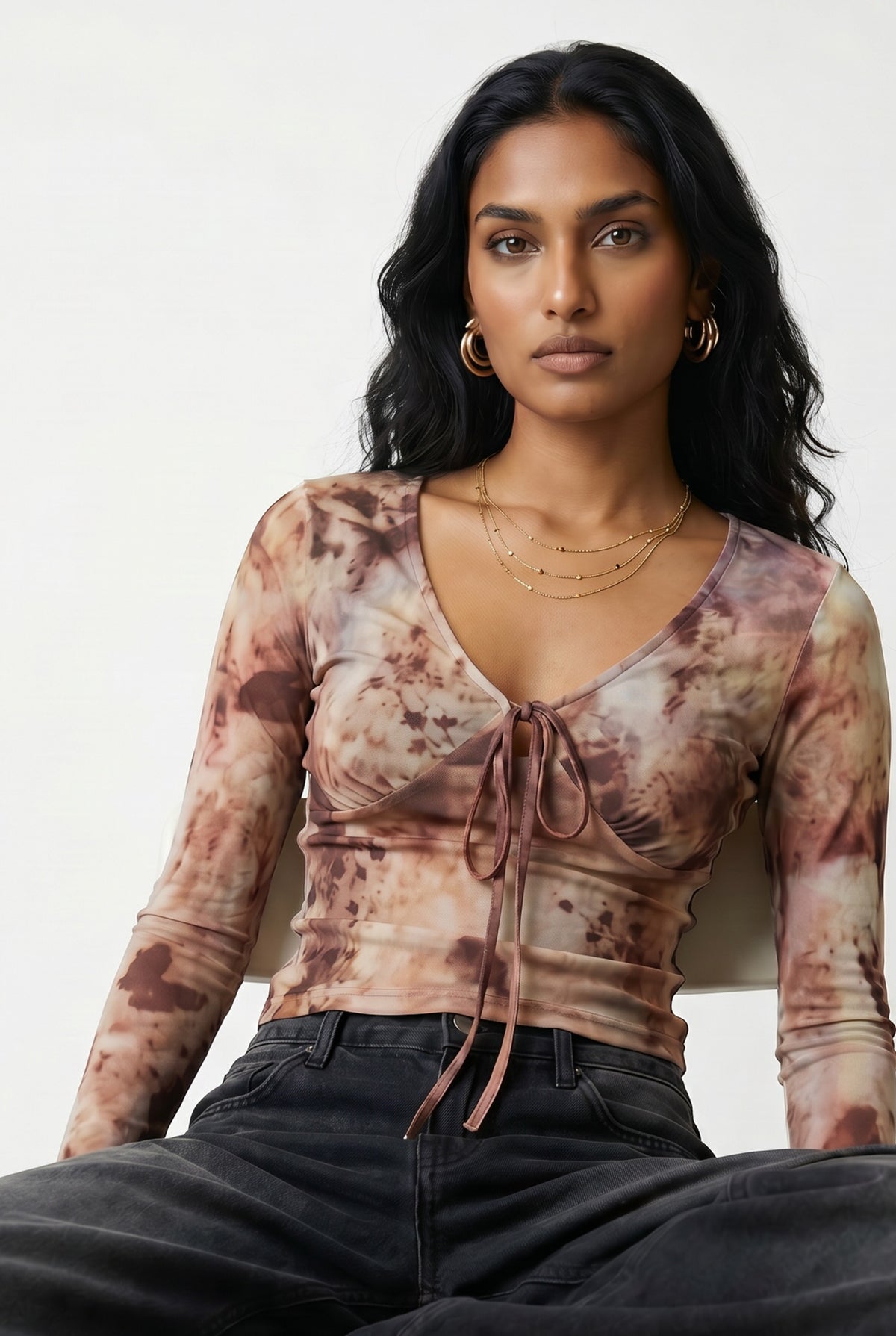 Brown Tie-Dye Mesh Cropped Blouse