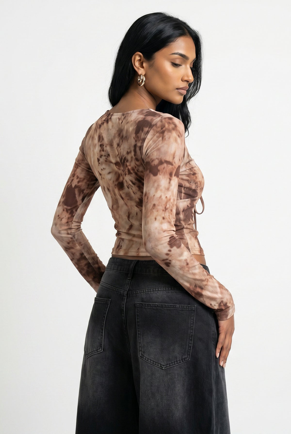Brown Tie-Dye Mesh Cropped Blouse