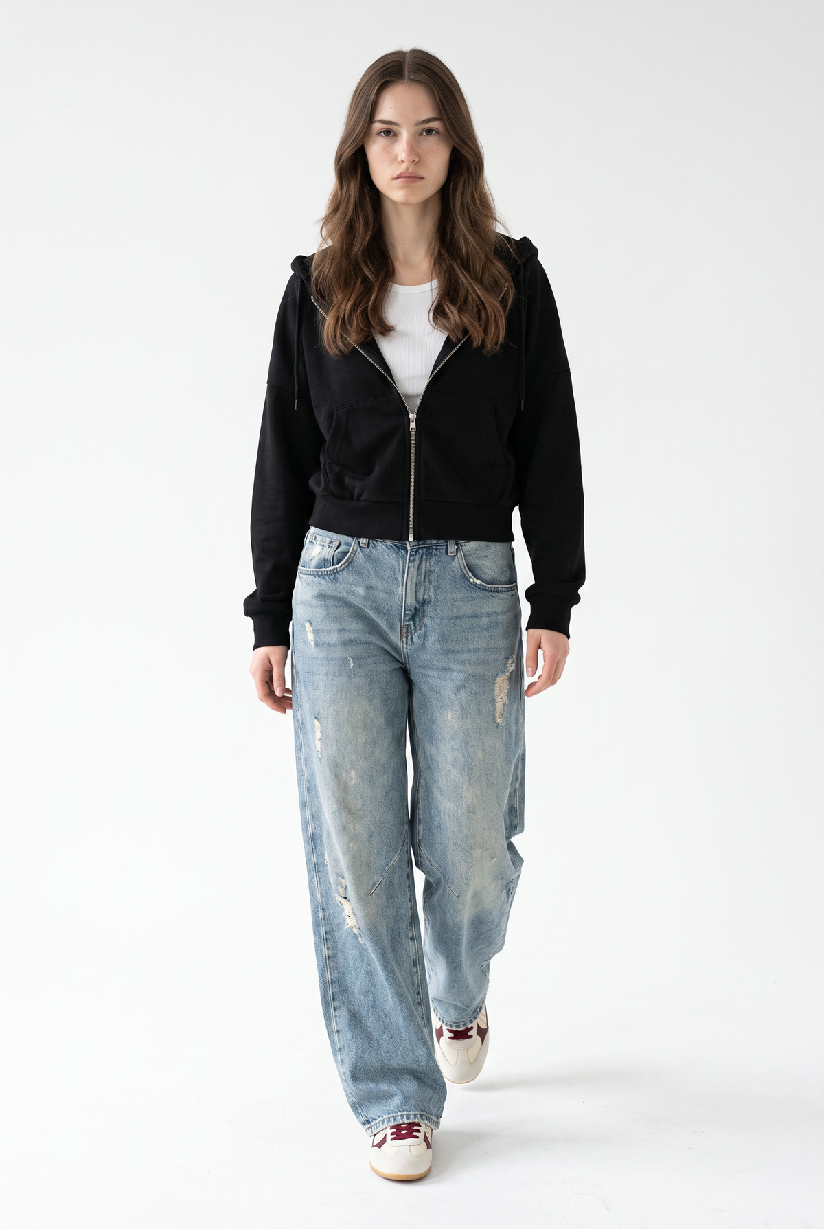 Black Cropped Cotton Zip Hoodie