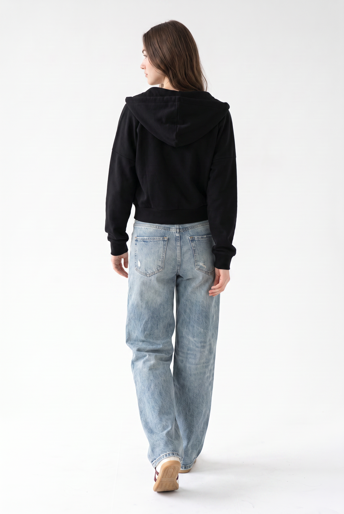 Black Cropped Cotton Zip Hoodie