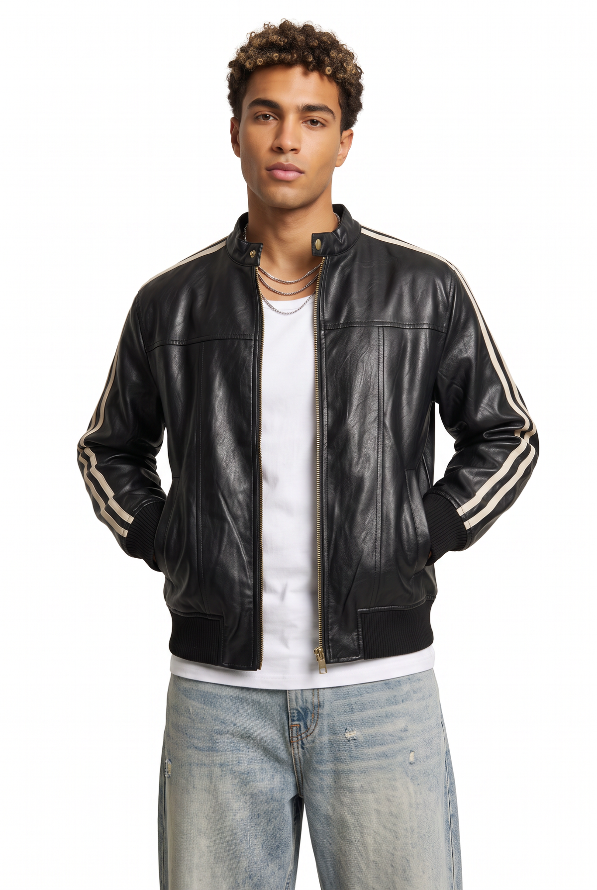 Stripe Trim Black Leather Jacket