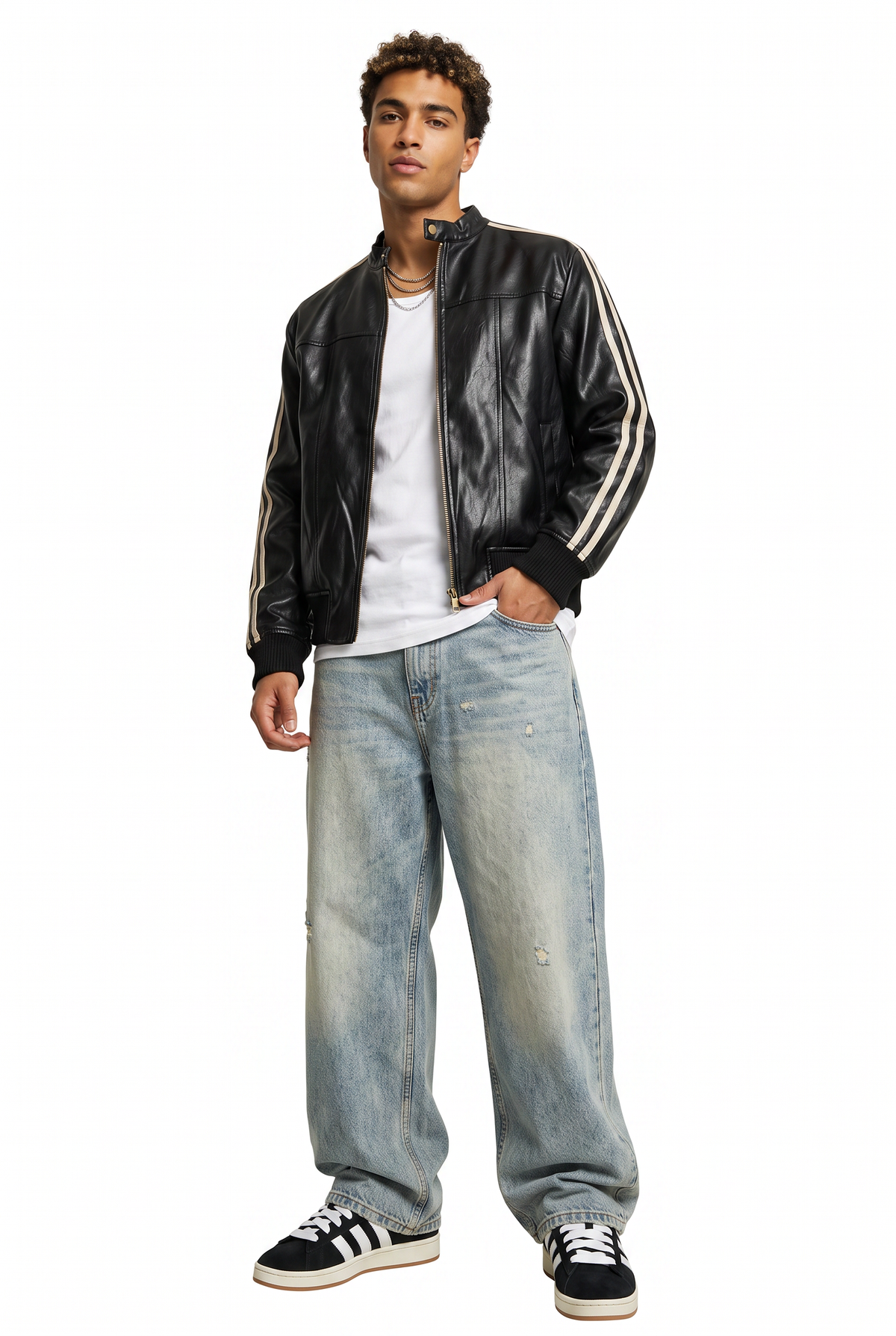 Stripe Trim Black Leather Jacket