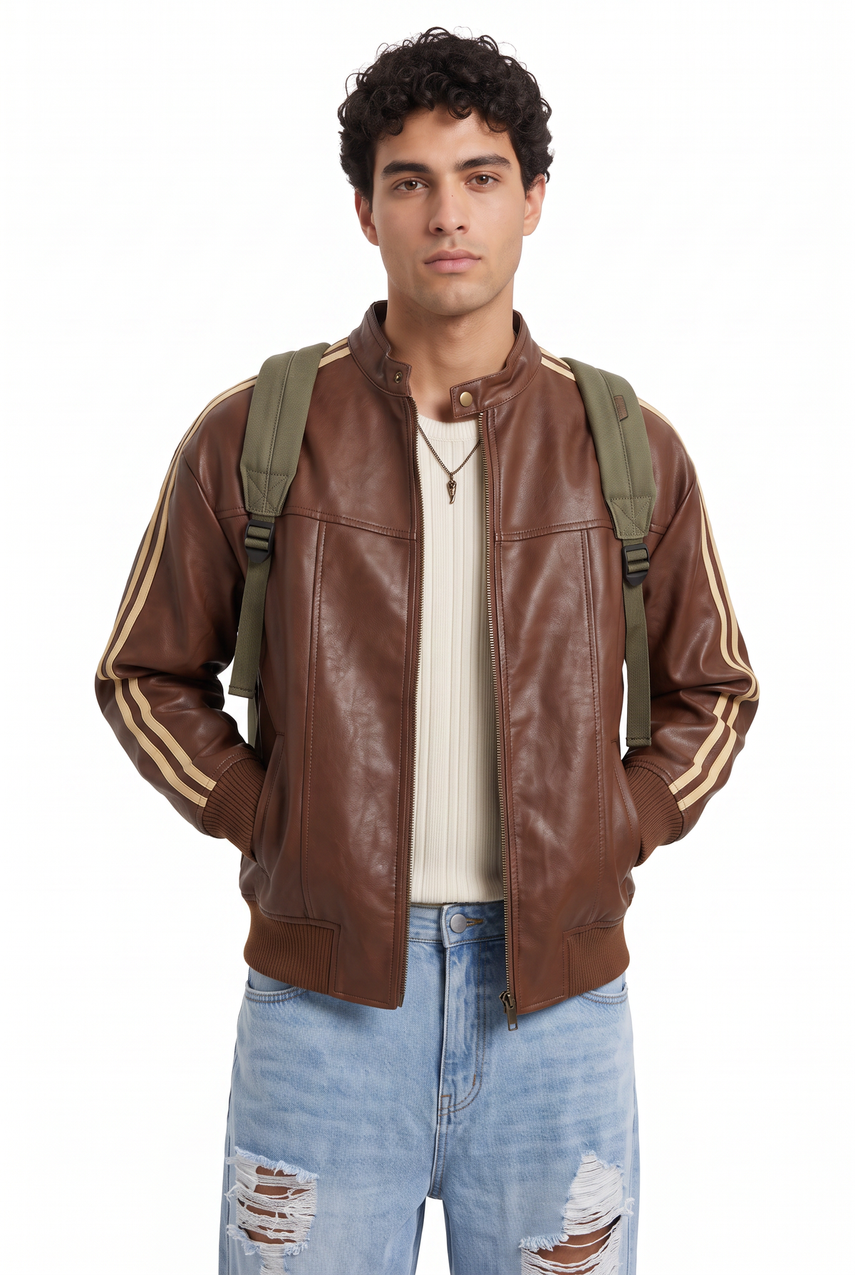 Stripe Sleeve Brown Leather Jacket